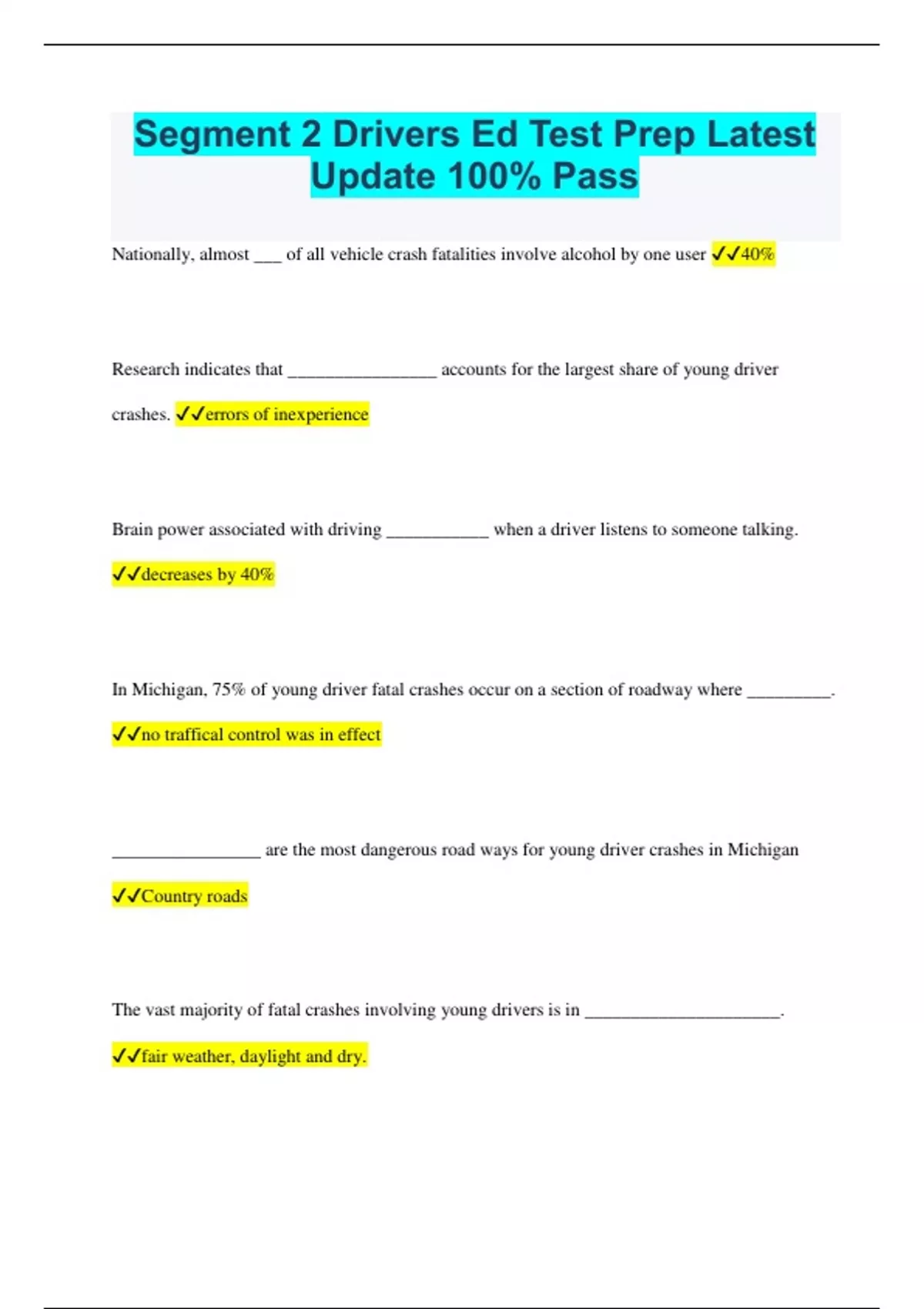 Segment 2 Drivers Ed Test Prep Latest Update 100 Pass Stuvia US