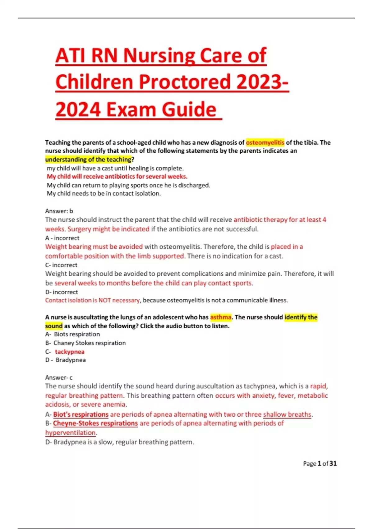 ATI RN Nursing Care of Children Proctored Exam Guide - ATI RN Nursing ...