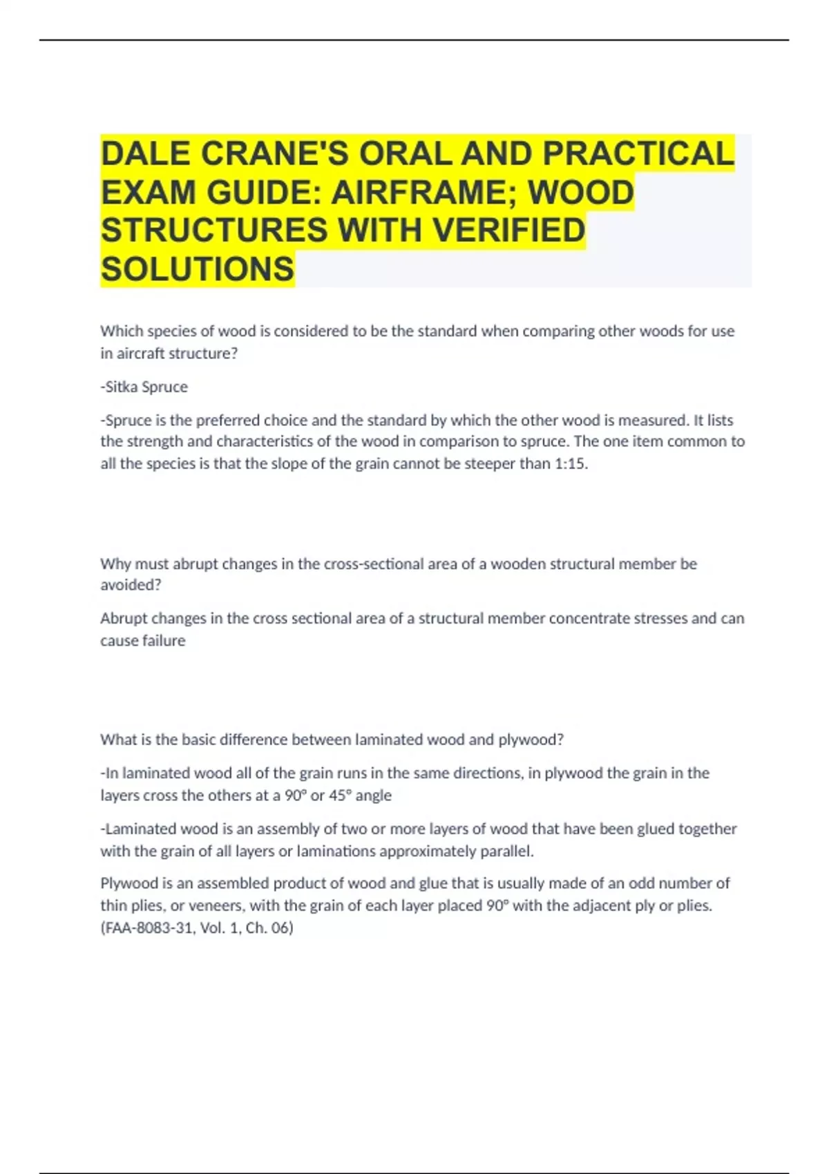 DALE CRANE'S ORAL AND PRACTICAL EXAM GUIDE AIRFRAME WOOD STRUCTURES ...