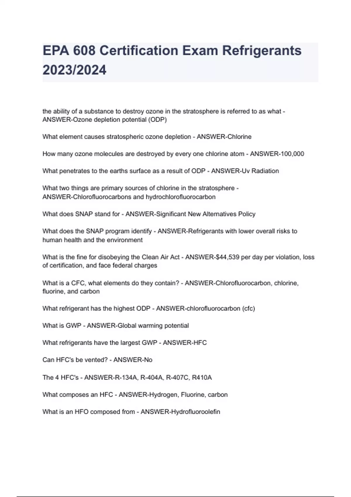 EPA 608 Certification Exam Refrigerants 2023/2024 EPA 608