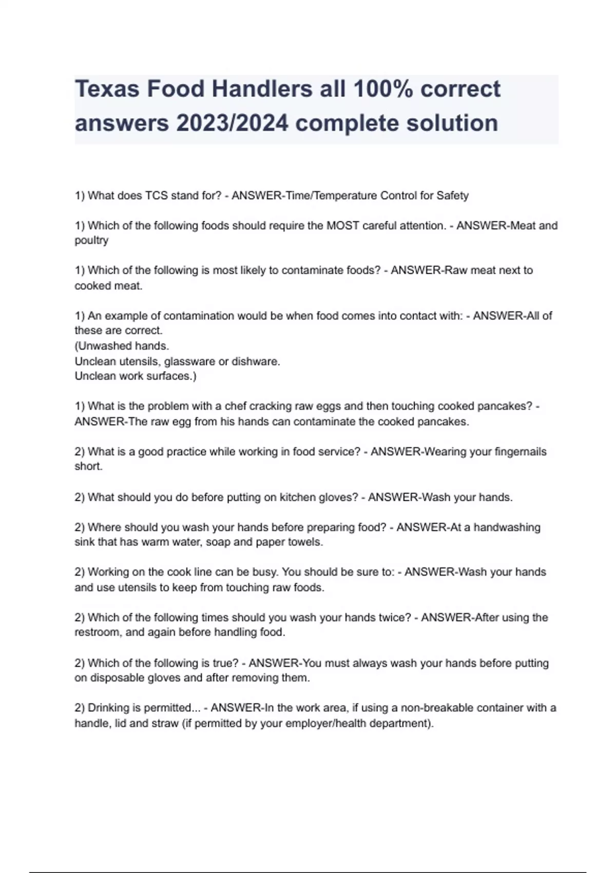 Texas Food Handlers all 100 correct answers 2023/2024 complete solution Texas Food Handlers