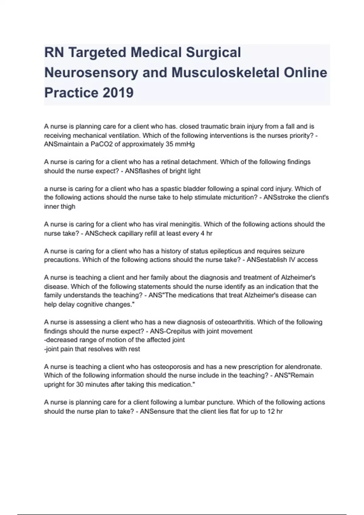 RN Targeted Medical Surgical Neurosensory and Musculoskeletal Online