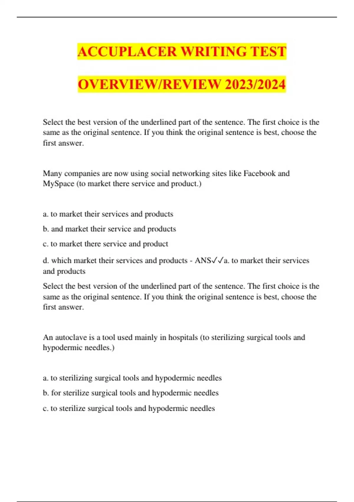 ACCUPLACER WRITING TEST OVERVIEW/REVIEW 2023/2024 ACCUPLACER Stuvia US