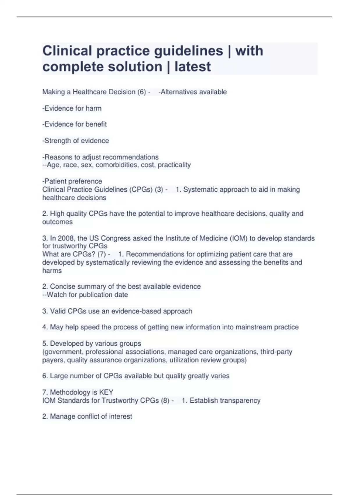 Clinical practice guidelines | with complete solution | latest - CPG ...