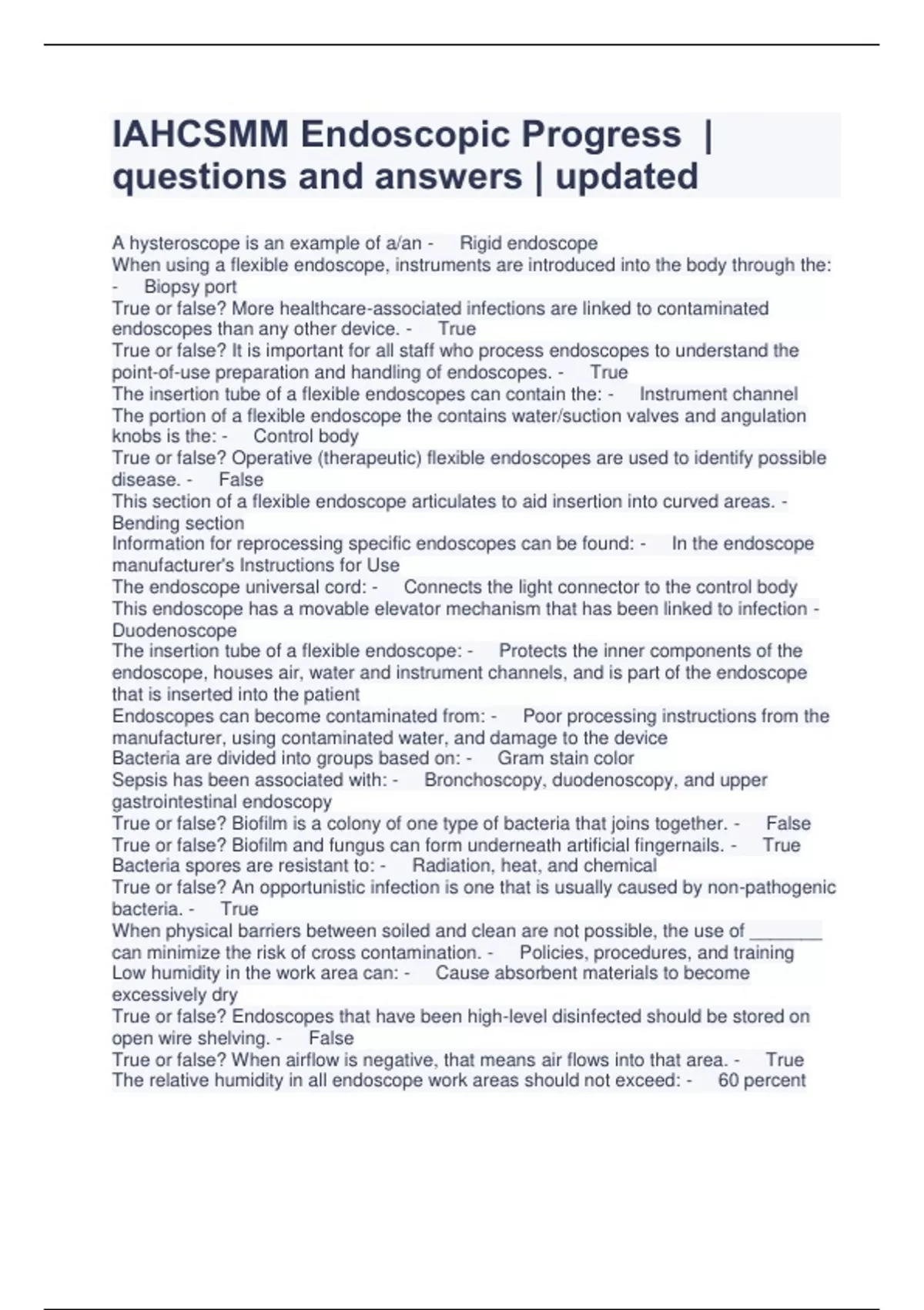 IAHCSMM Endoscopic Progress questions and answers updated IAHCSMM