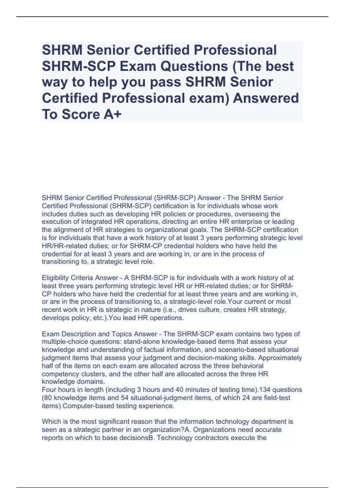 SHRM Senior Certified Professional SHRMSCP Exam Questions (The best