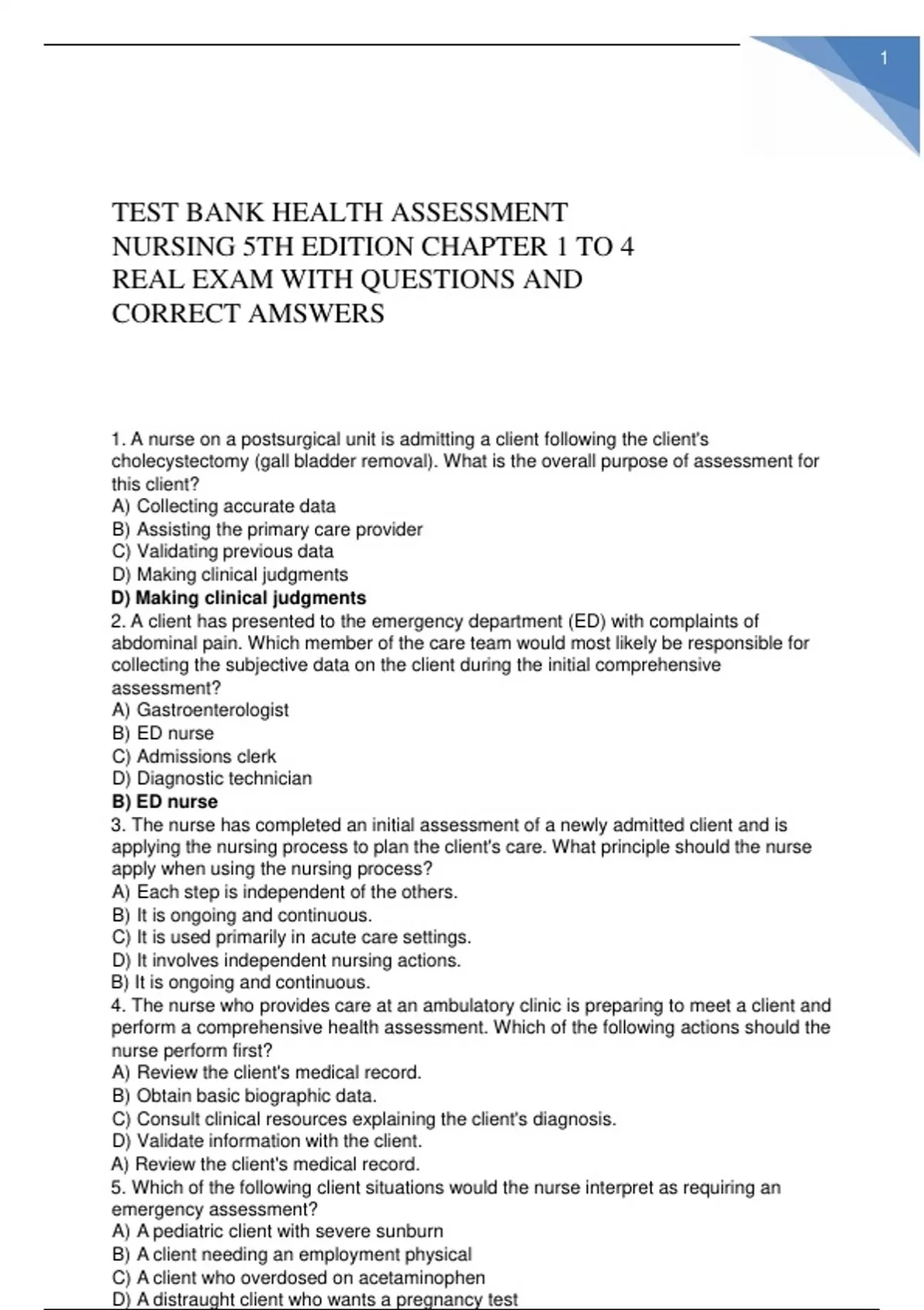 TEST BANK HEALTH ASSESSMENT NURSING 5TH EDITION CHAPTER 1 TO 4 REAL