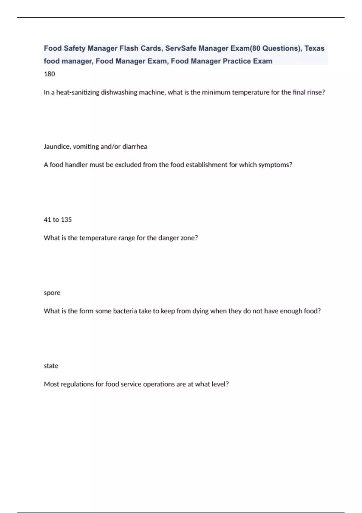 Food Safety Manager Flash Cards Exam(80 Questions), Texas food manager