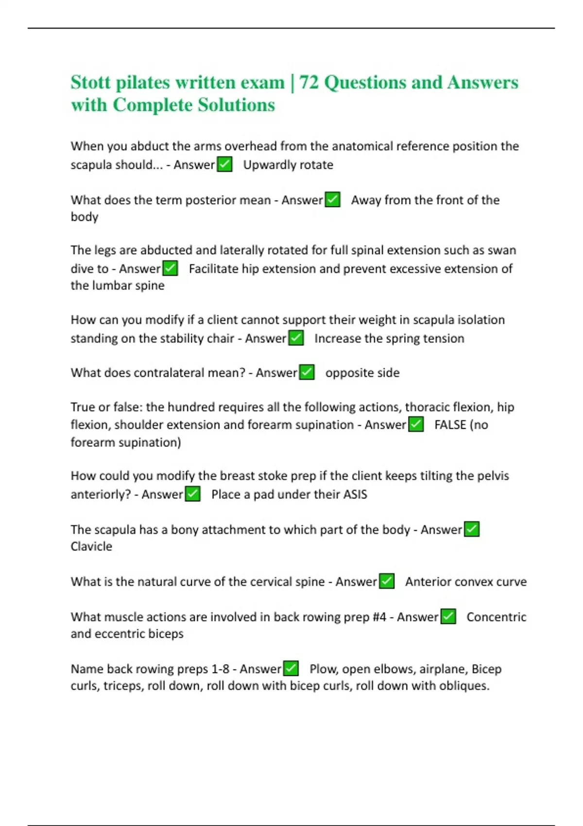 Stott pilates written exam | 72 Questions and Answers with Complete ...