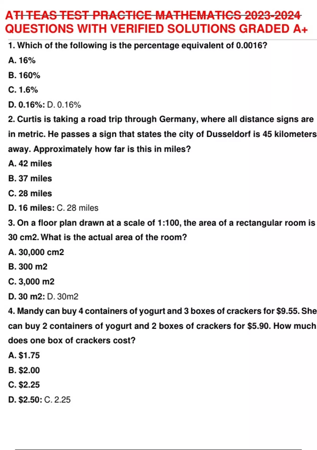 ATI TEAS TEST PRACTICE MATHEMATICS QUESTIONS WITH VERIFIED SOLUTIONS