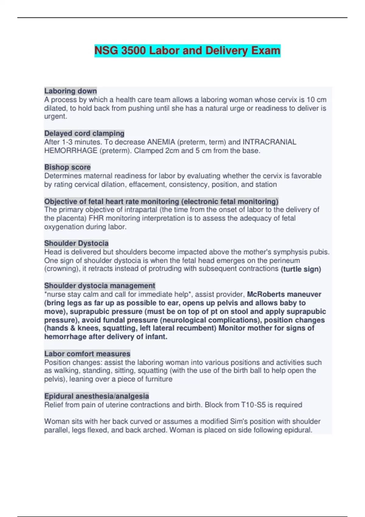 NSG 3500 Labor and Delivery Exam - Questions and Answers - NSG 3500 ...