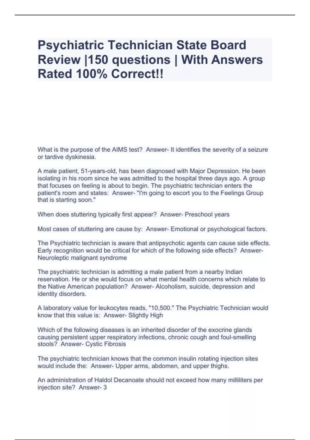 Psychiatric Technician State Board Review 150 questions With Answers