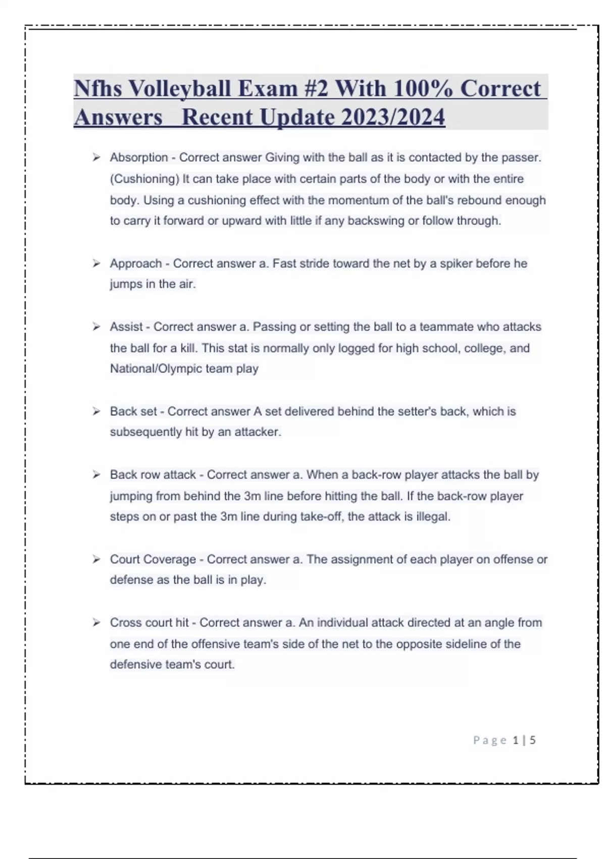 NFHS Volleyball Test Exam With 100 Correct Answers 2024 Latest Update