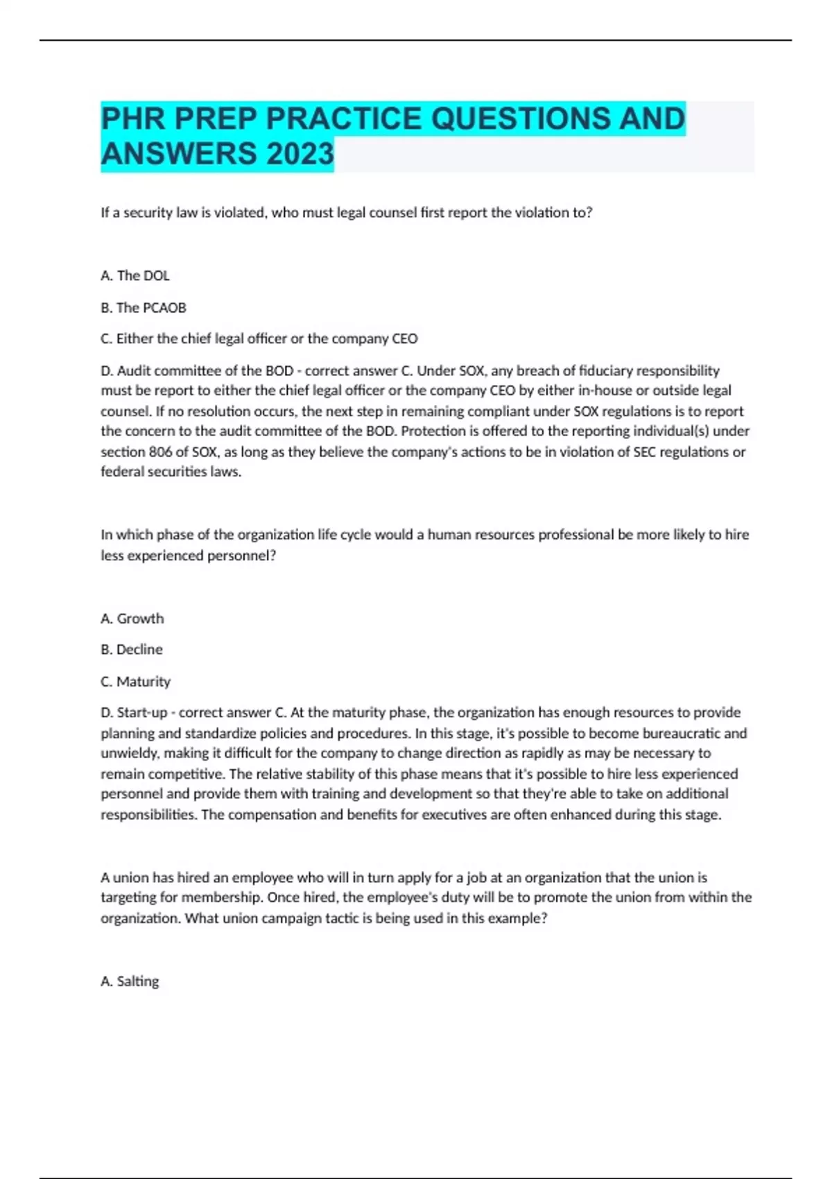 Phr Example Questions PHR PREP PRACTICE QUESTIONS AND ANSWERS 2023 - PHR - Stuvia US