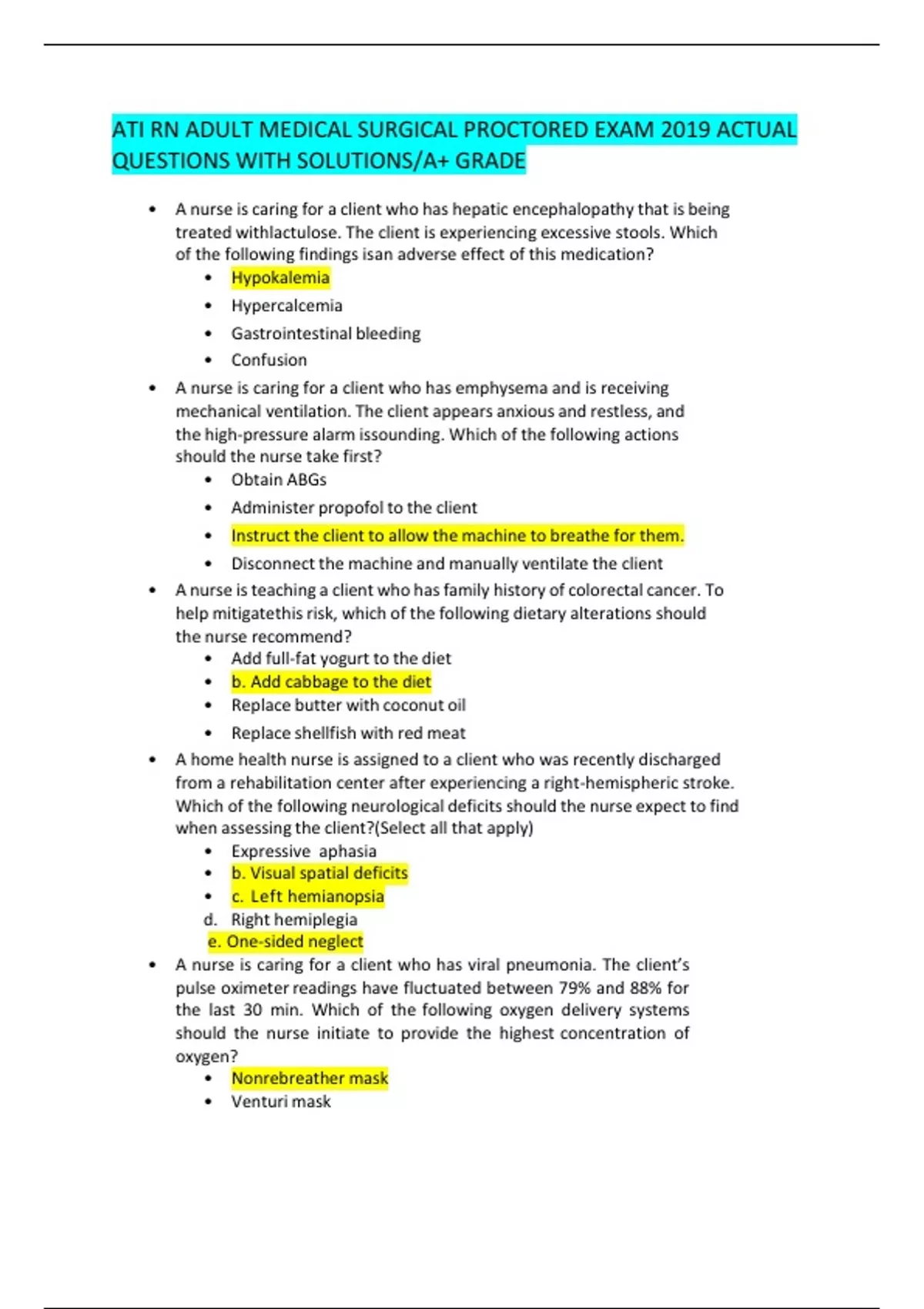 ATI RN ADULT MEDICAL SURGICAL PROCTORED EXAM 2019 ACTUAL QUESTIONS WITH ...
