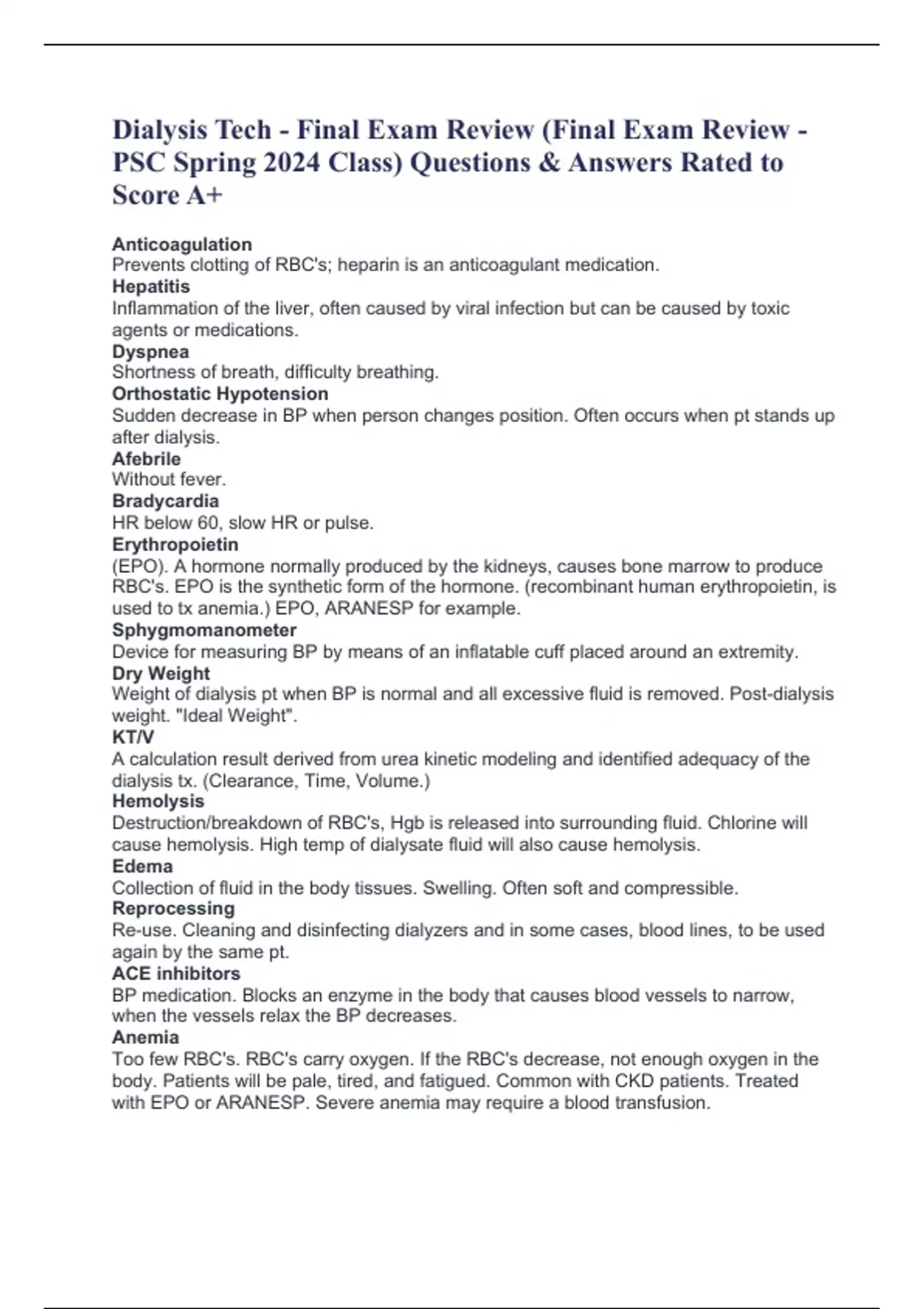 Dialysis Tech Final Exam Review (Final Exam Review PSC Spring 2024