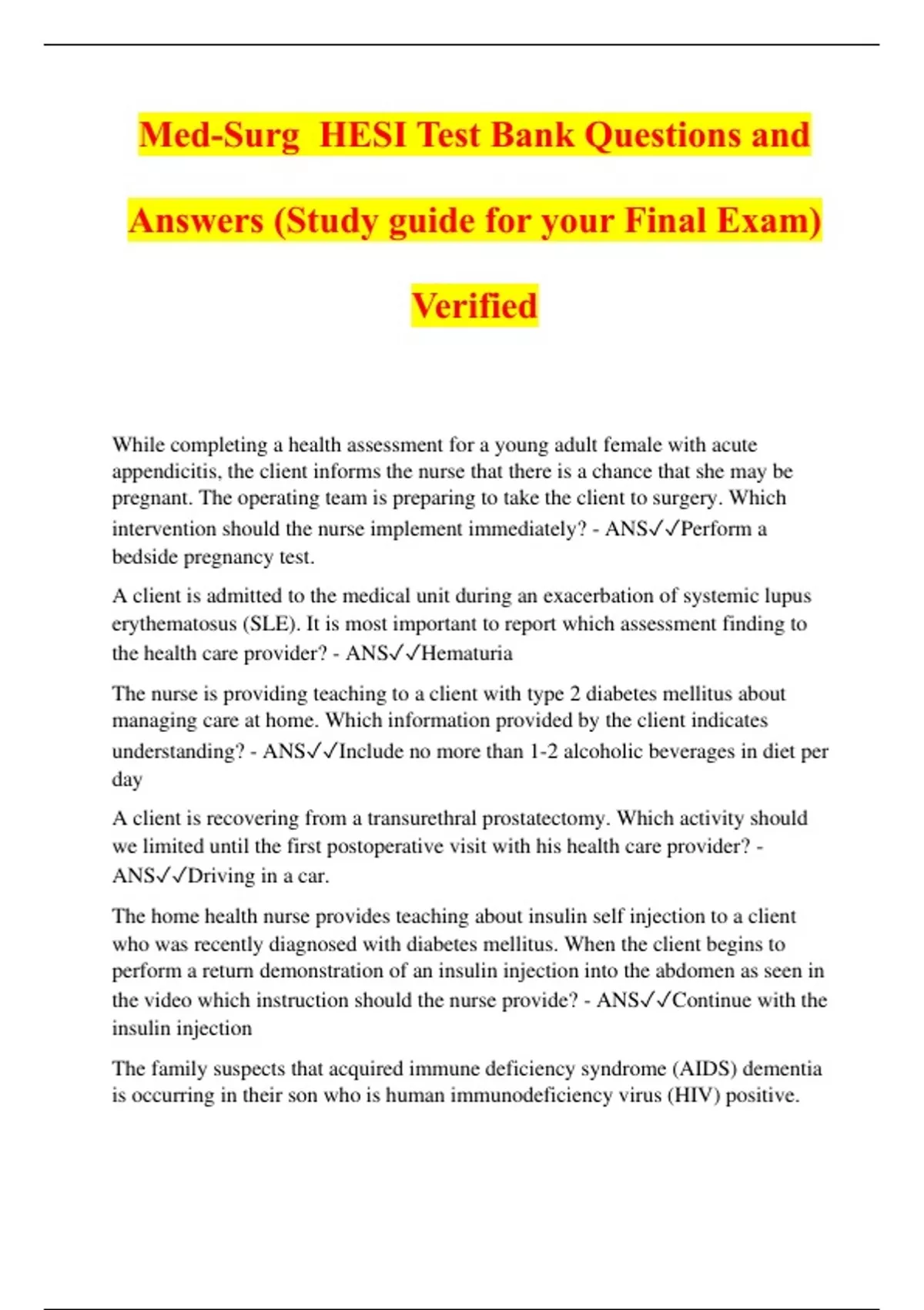 Med-Surg HESI Test Bank Questions and Answers (Study guide for your ...