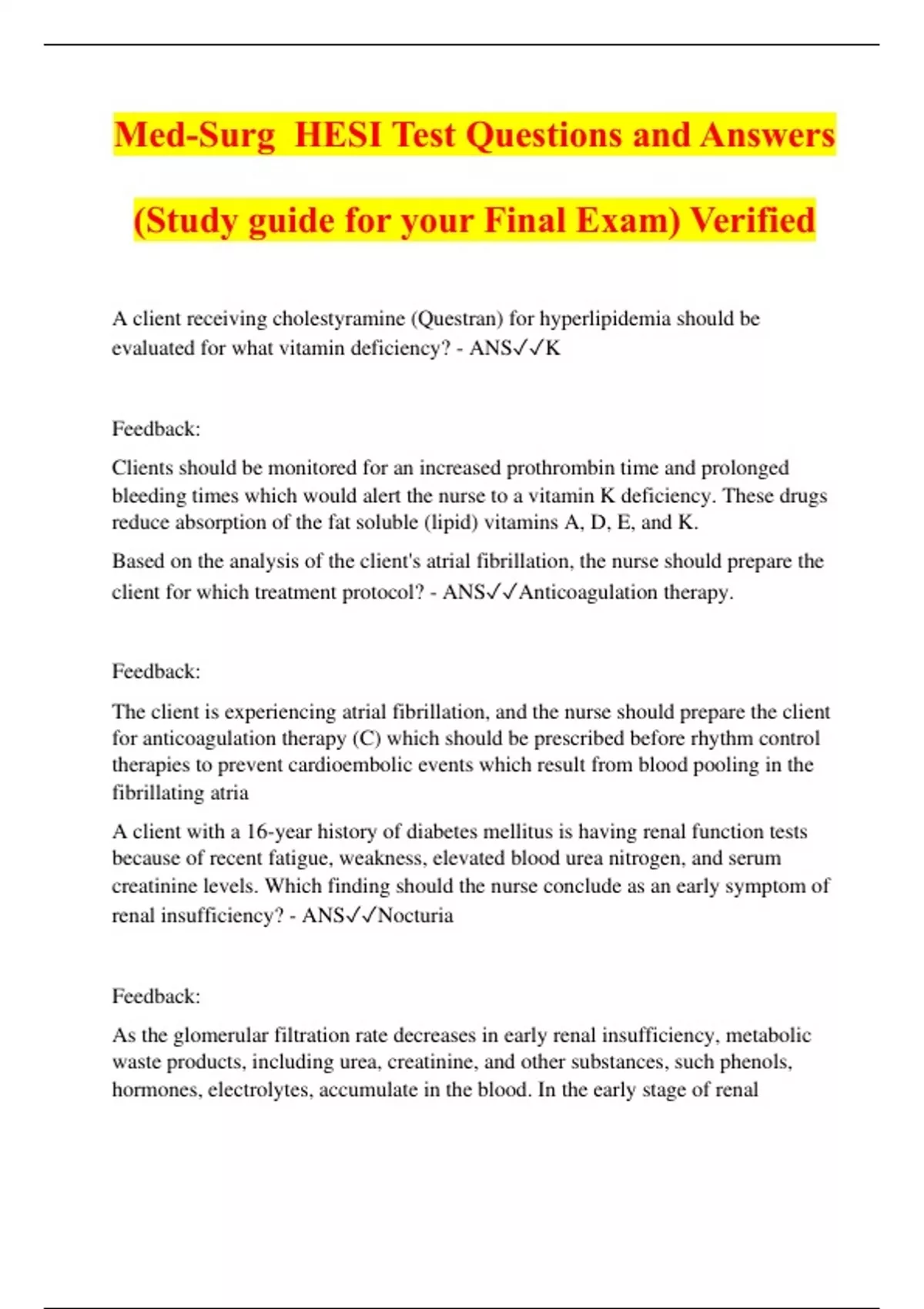 MedSurg HESI Test Questions and Answers (Study guide for your Final