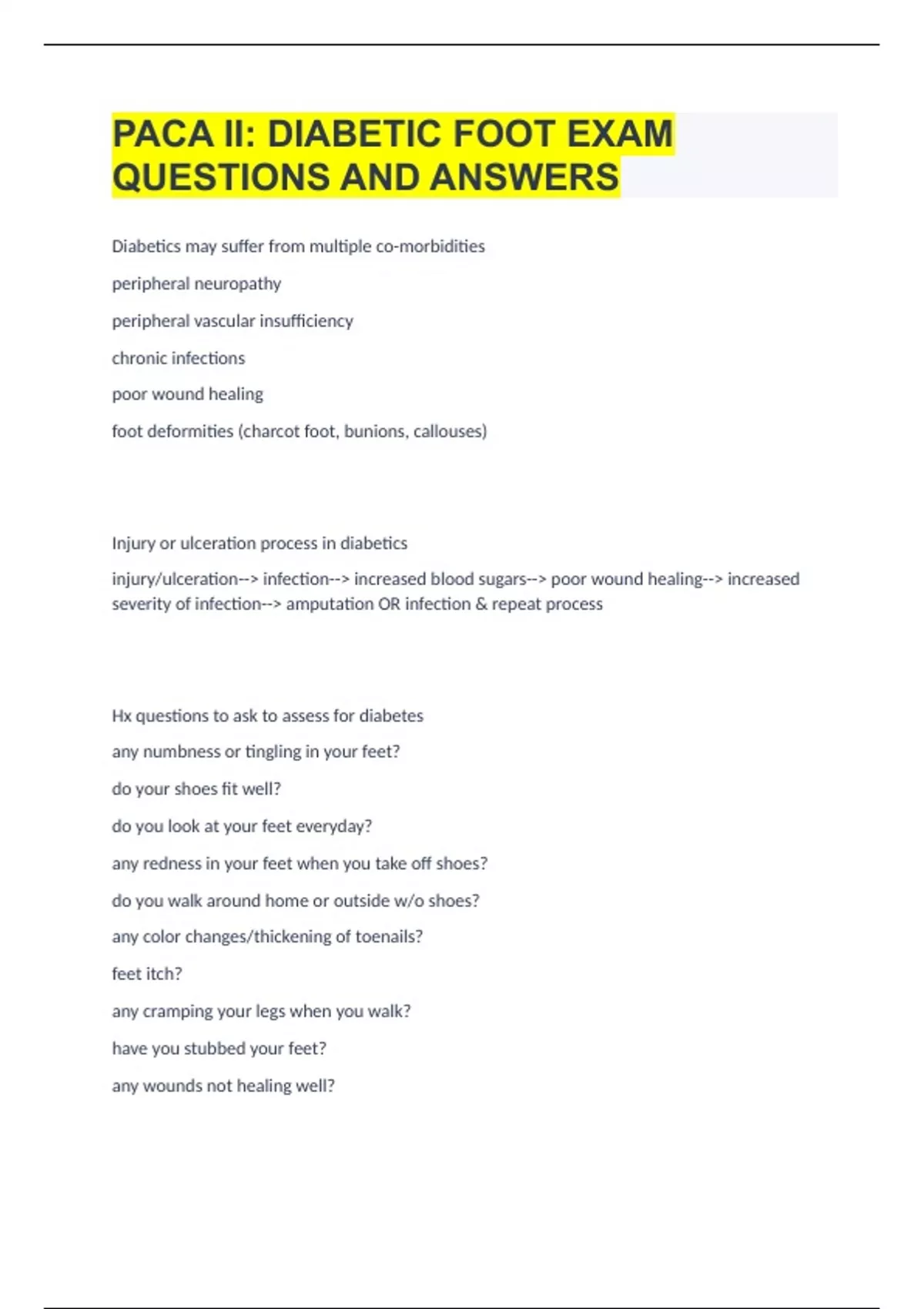 PACA II DIABETIC FOOT EXAM QUESTIONS AND ANSWERS COMPREHENSIVE