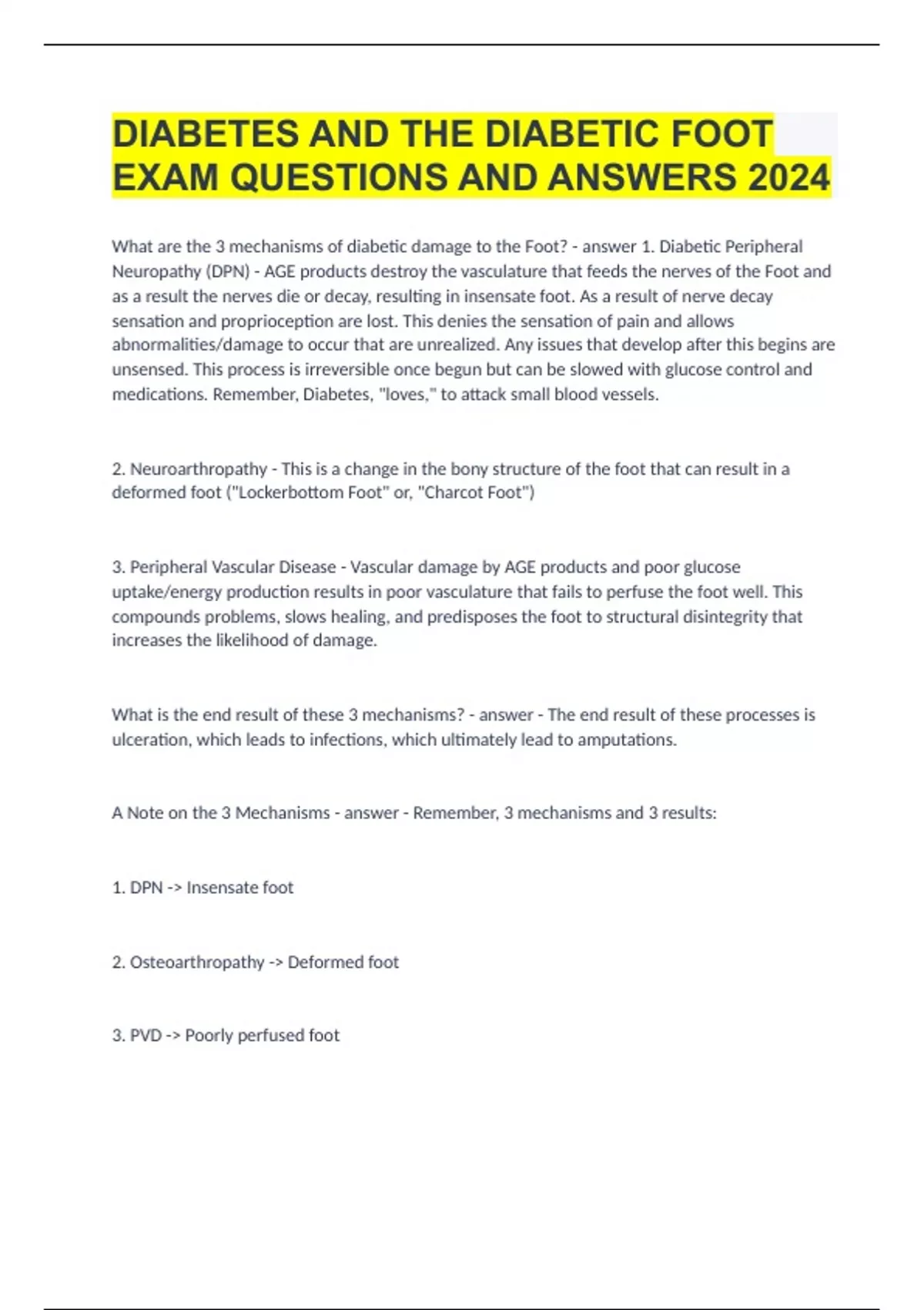DIABETES AND THE DIABETIC FOOT EXAM QUESTIONS AND ANSWERS 2024