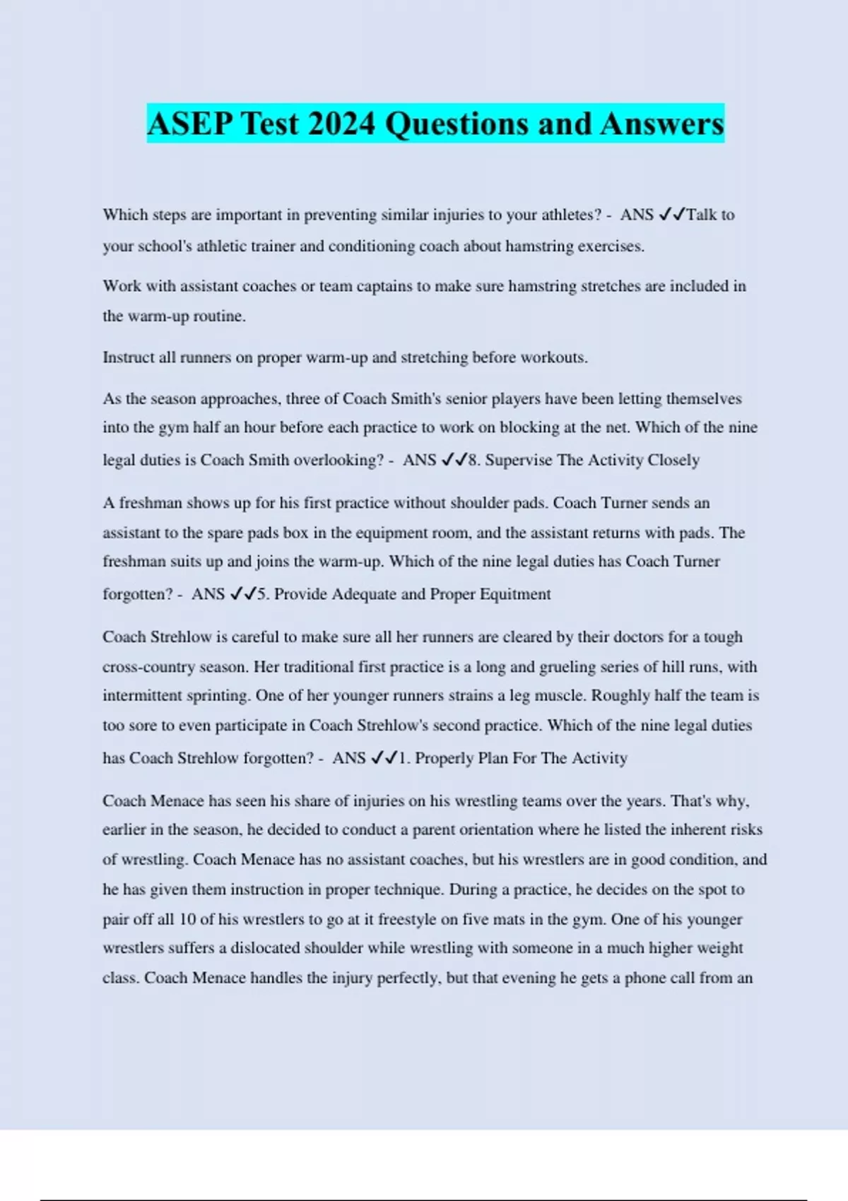 ASEP Test 2024 Questions and Answers Sports medicine First Aid ASEP