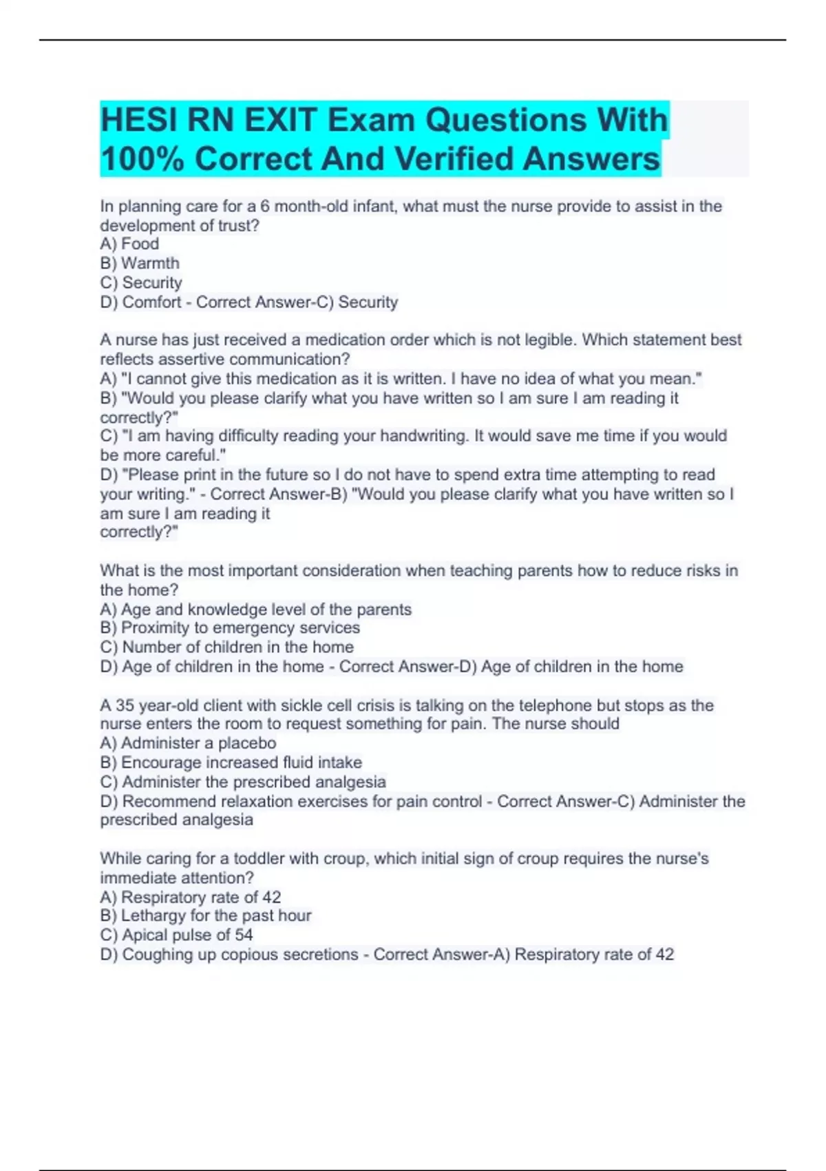 HESI RN EXIT Exam Questions With 100% Correct And Verified Answers ...