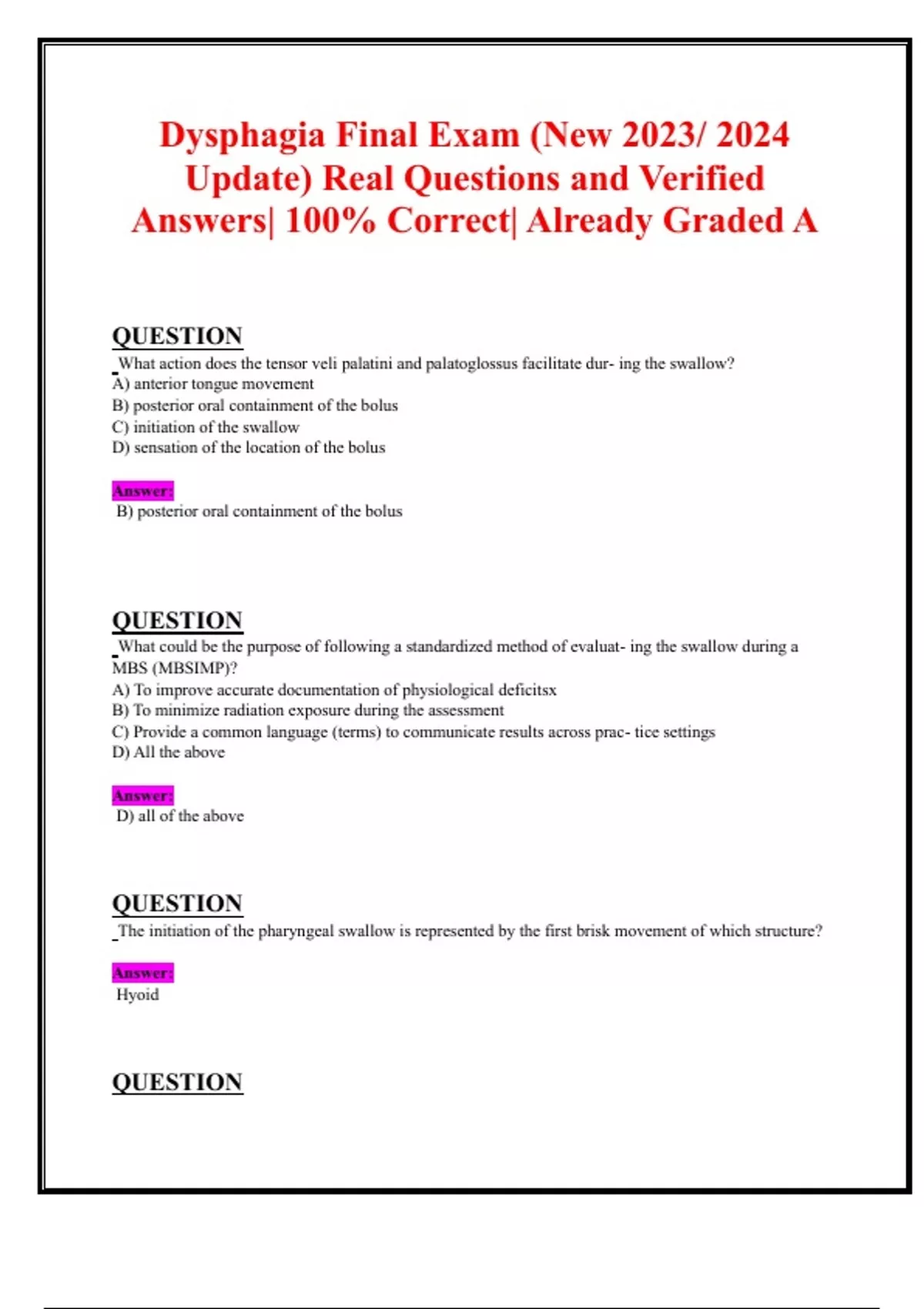 Dysphagia Final Exam (New 2023/ 2024 Update) Real Questions and ...