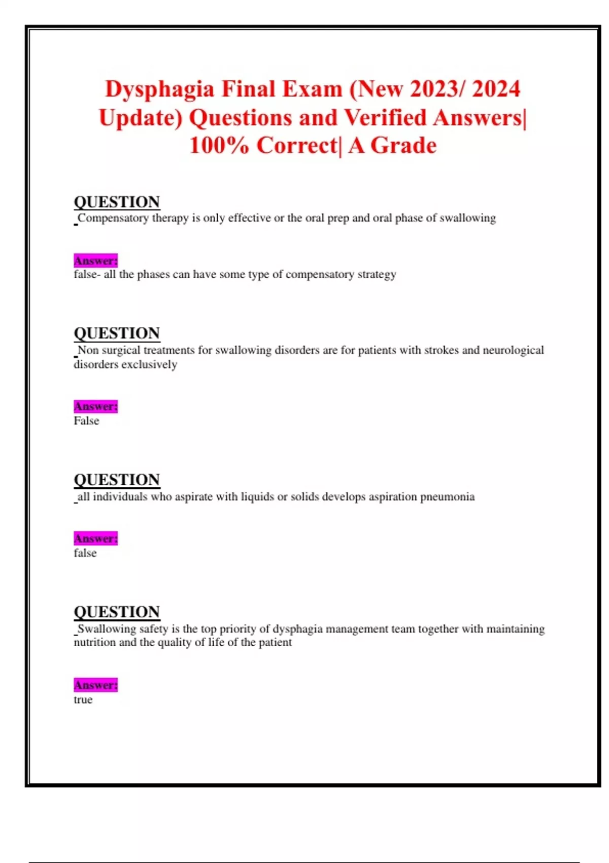 Dysphagia Final Exam (New 2023/ 2024 Update) Questions and Verified ...