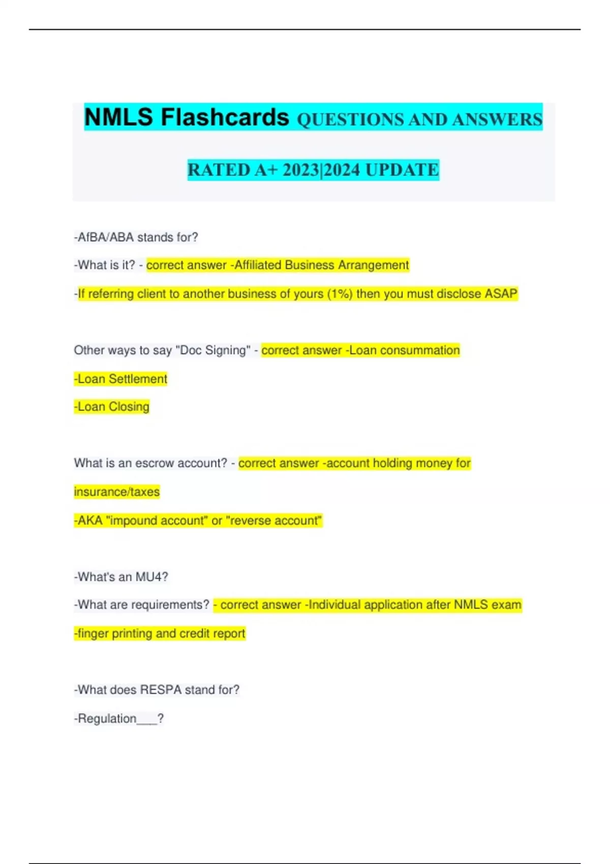 NMLS Flashcards QUESTIONS AND ANSWERS RATED A+ 20232024 UPDATE NMLS