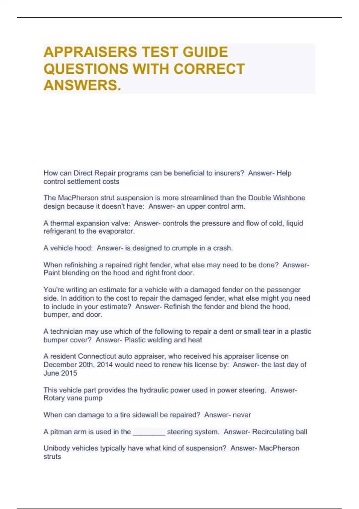 APPRAISERS TEST GUIDE QUESTIONS WITH CORRECT ANSWERS. APPRAISERS