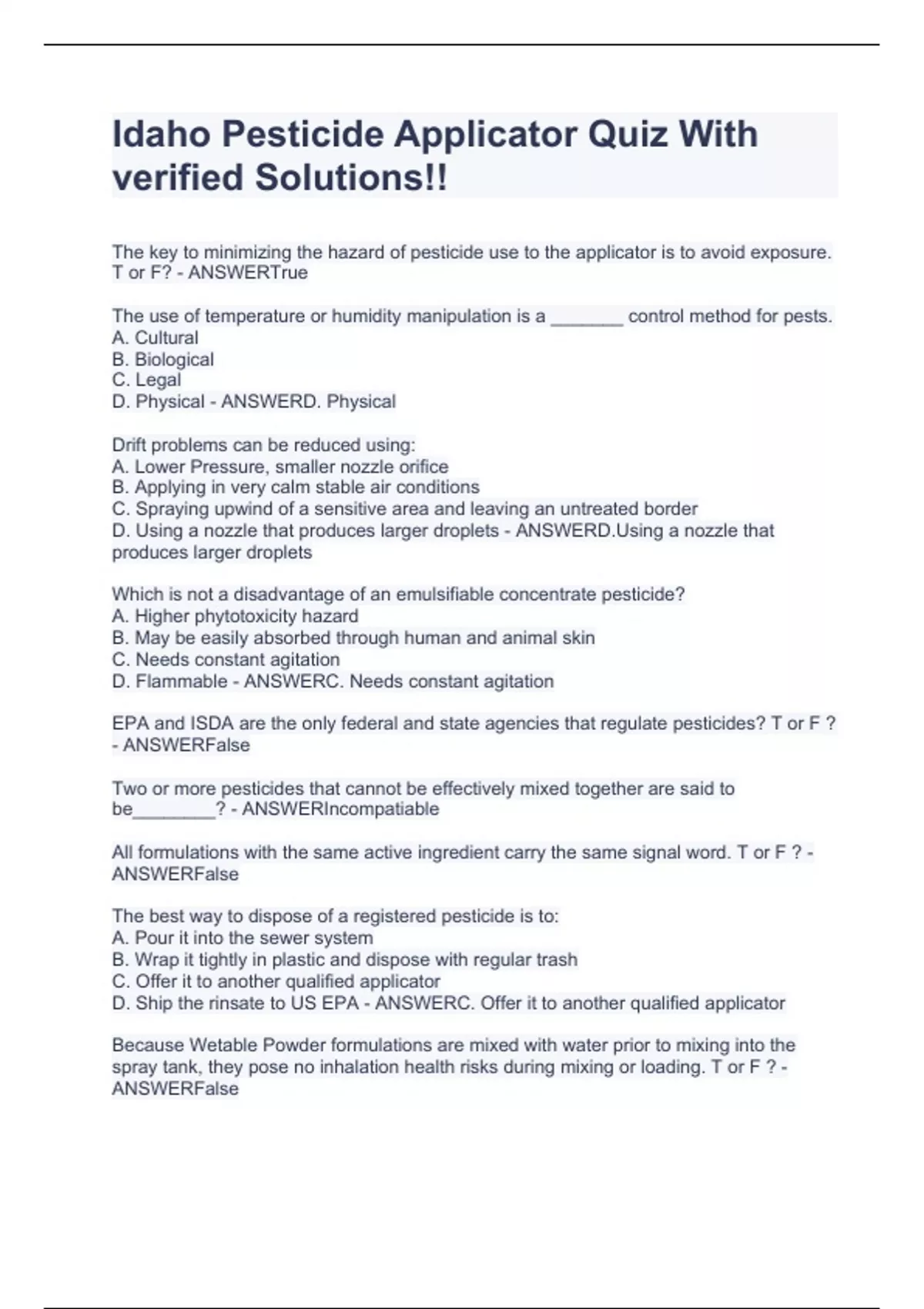Idaho Pesticide Applicator Quiz With verified Solutions!! Idaho