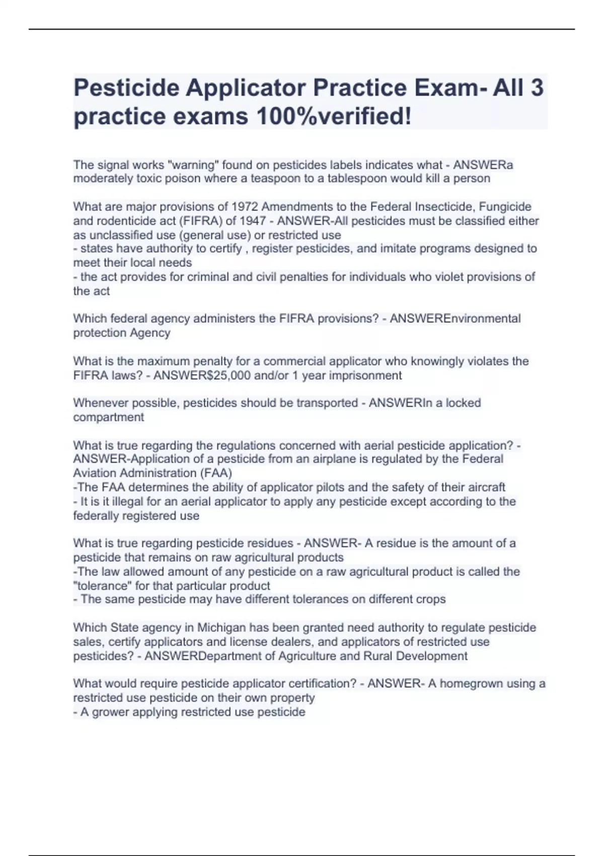 Pesticide Applicator Practice Exam All 3 practice exams 100verified