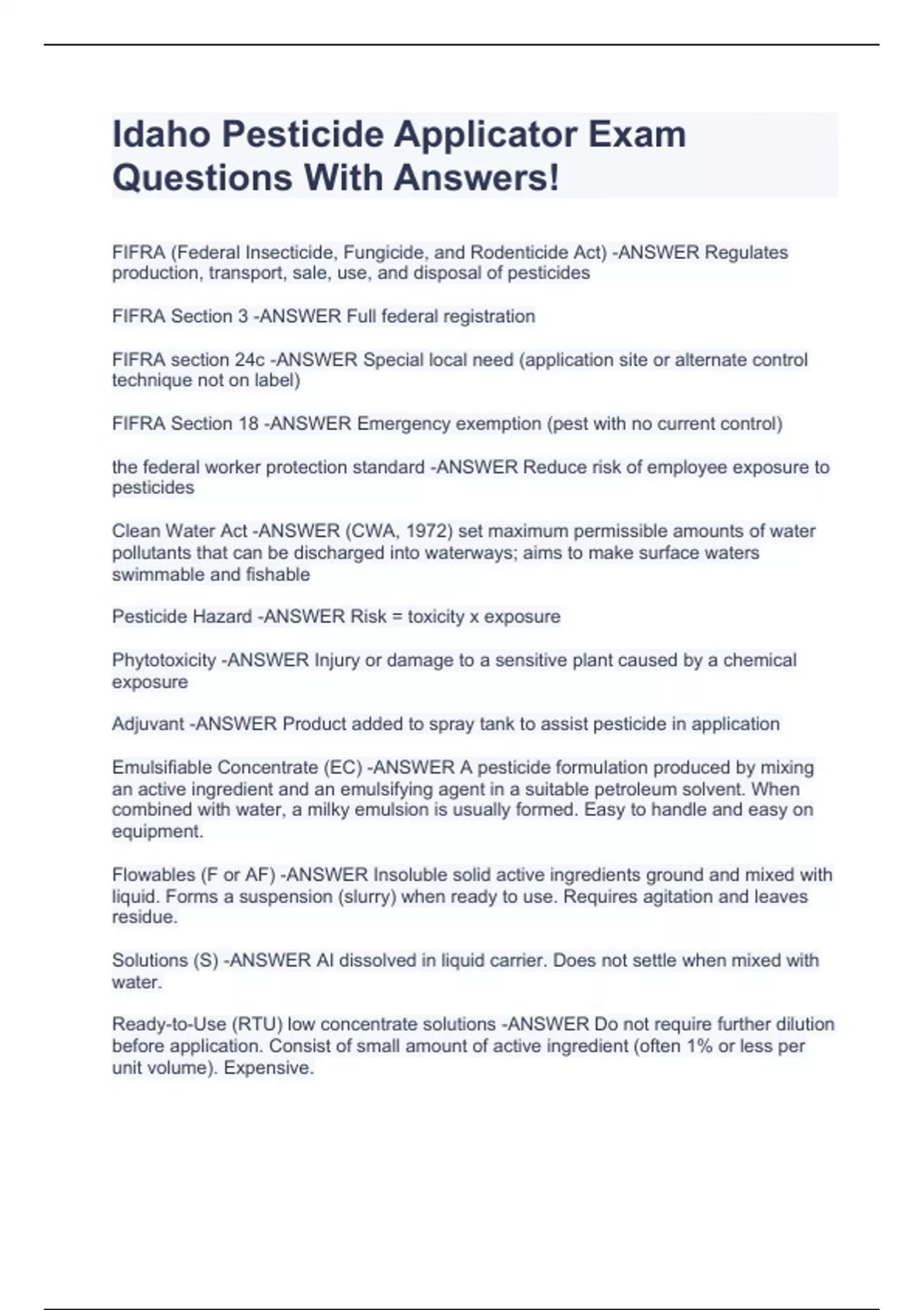 Idaho Pesticide Applicator Exam Questions With Answers! Idaho