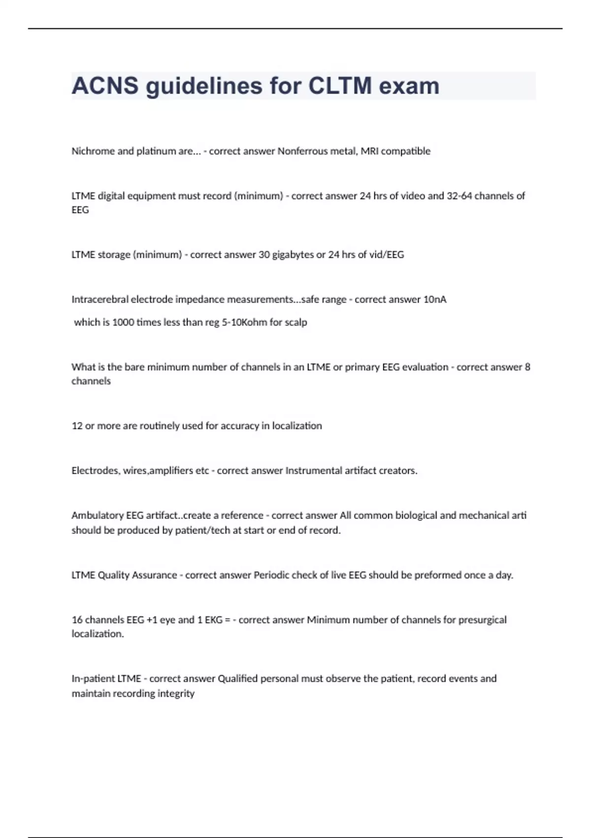 ACNS guidelines for CLTM exam correctly answered graded A+ 2023/2024 ...