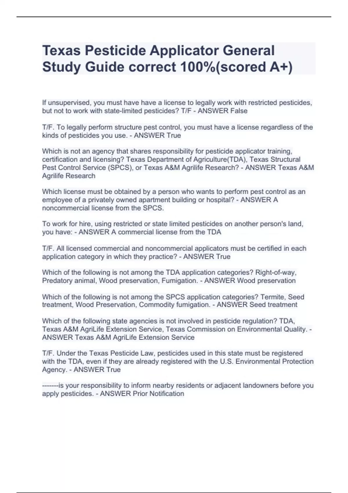 Texas Pesticide Applicator General Study Guide correct 100(scored A+) Texas Pesticide