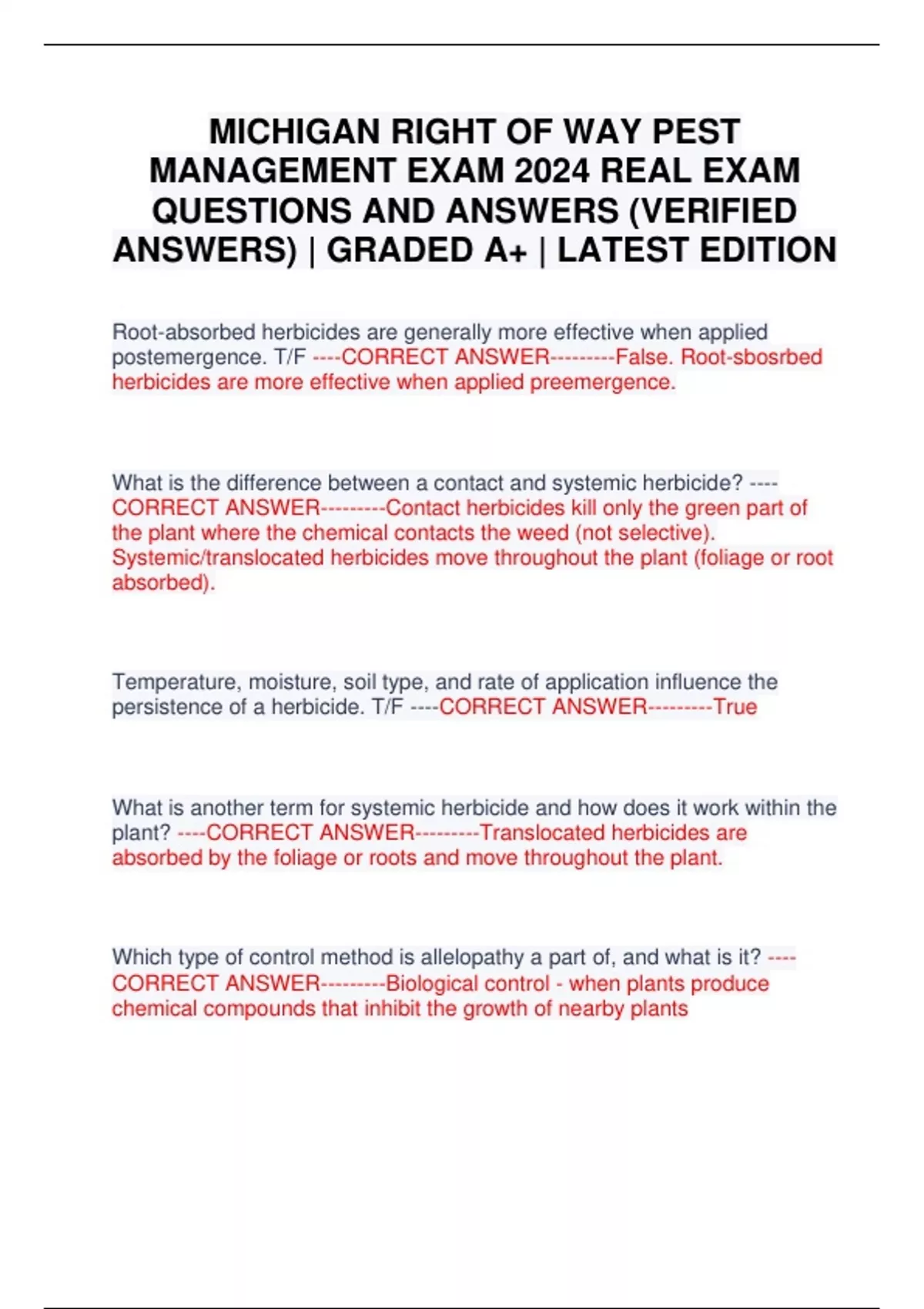 RIGHT OF WAY PESTICIDE MANAGEMENT EXAM BUNDLE 2024 PEST MANAGEMENT