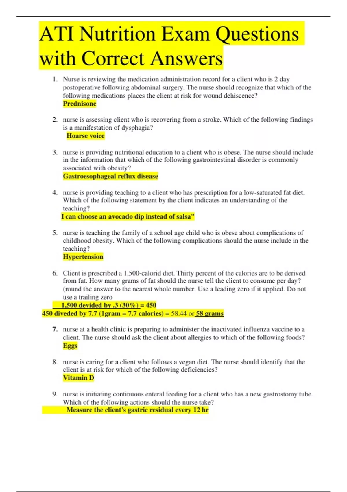 ATI Nutrition Exam Questions with Correct Answers ATI Nutrition