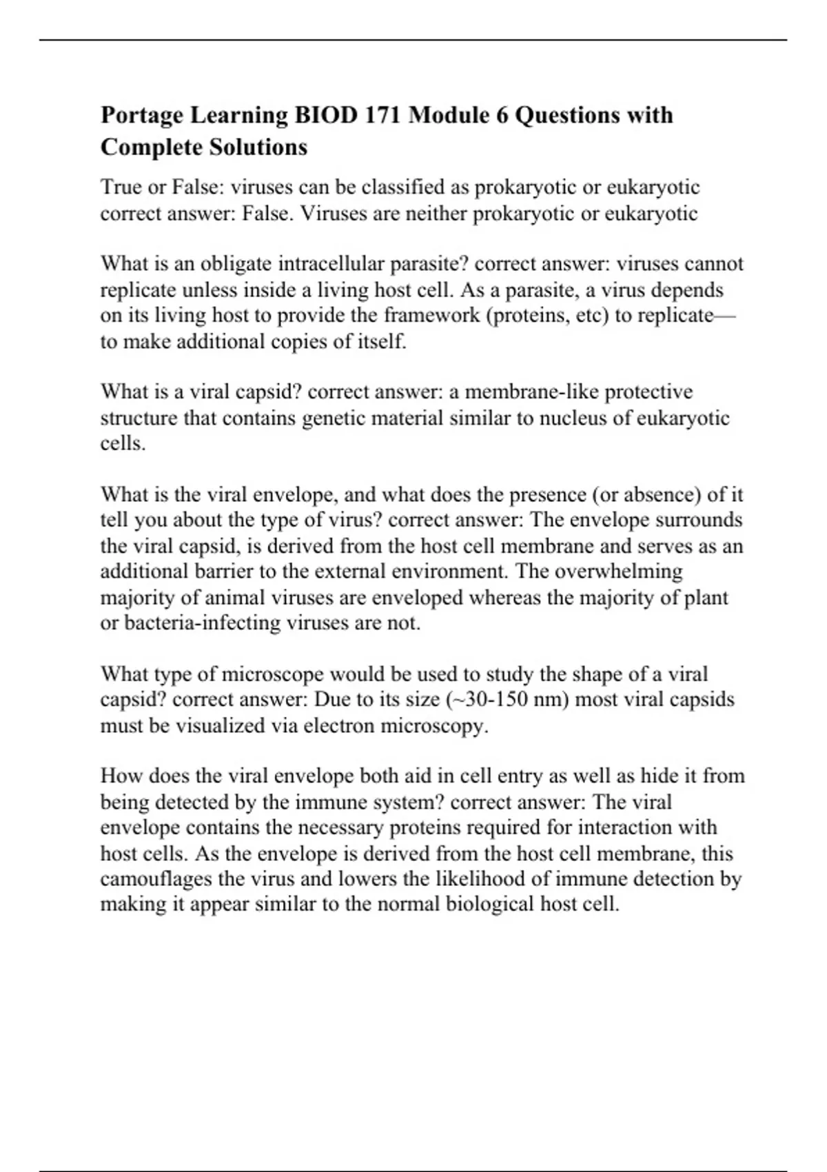 Portage Learning BIOD 171 Module 6 Questions with Complete Solutions ...