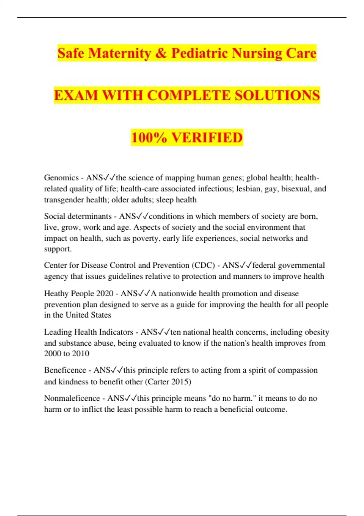 Safe Maternity & Pediatric Nursing Care EXAM WITH COMPLETE SOLUTIONS