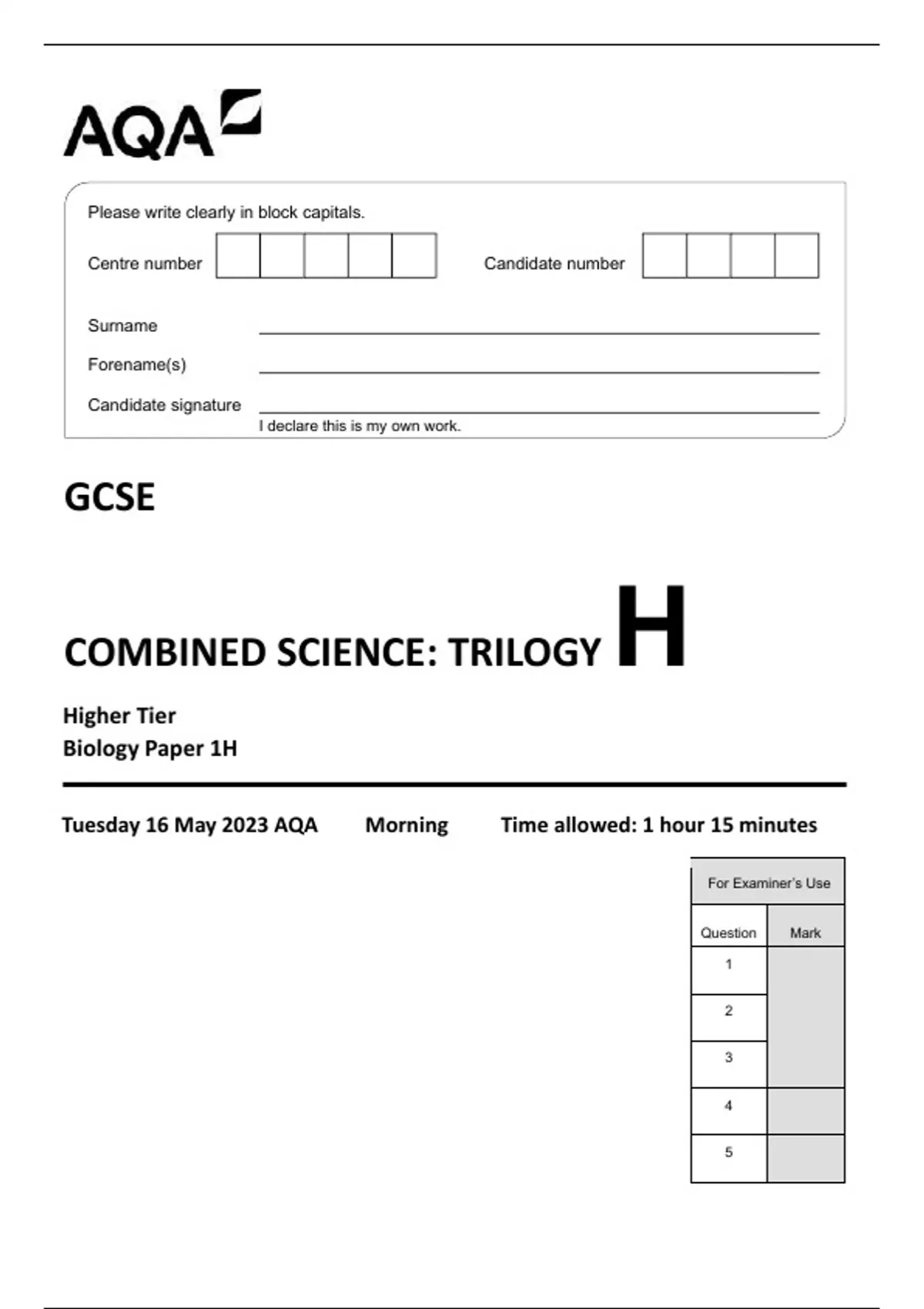 AQA GCSE COMBINED SCIENCE: TRILOGY 8464/B/1H Biology Paper 1H Mark ...