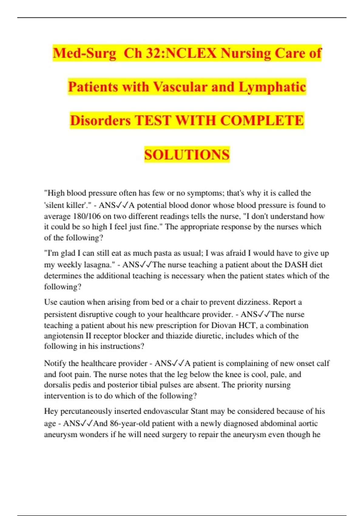 Med-Surg Ch 32:NCLEX Nursing Care of Patients with Vascular and ...