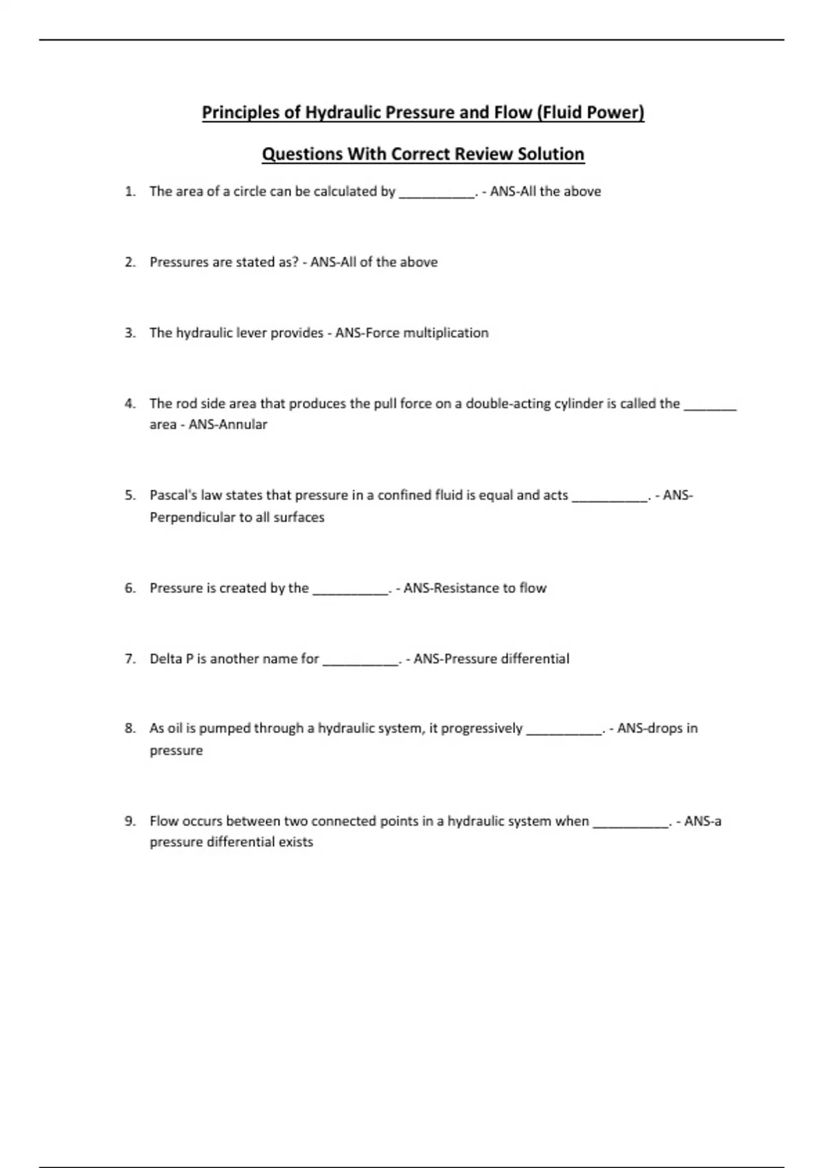 Principles of Hydraulic Pressure and Flow (Fluid Power) Questions With