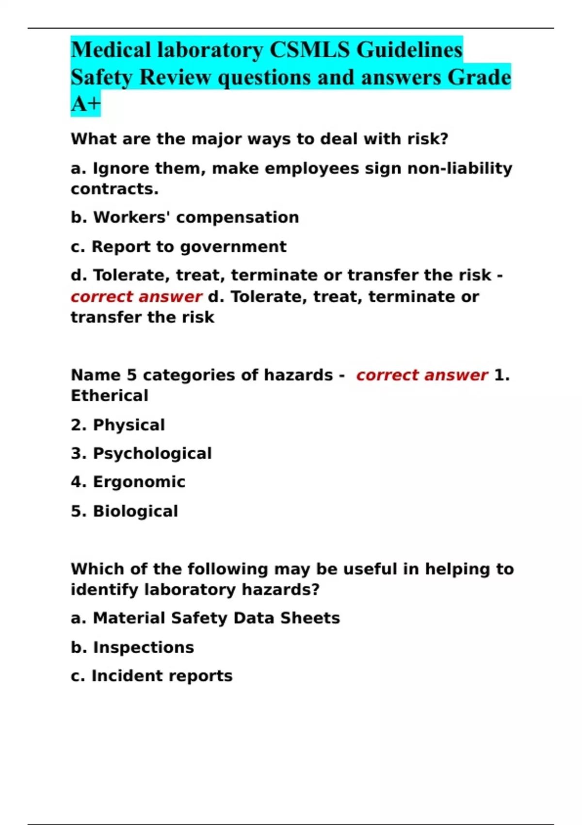 Medical laboratory CSMLS Guidelines Safety Review questions and answers