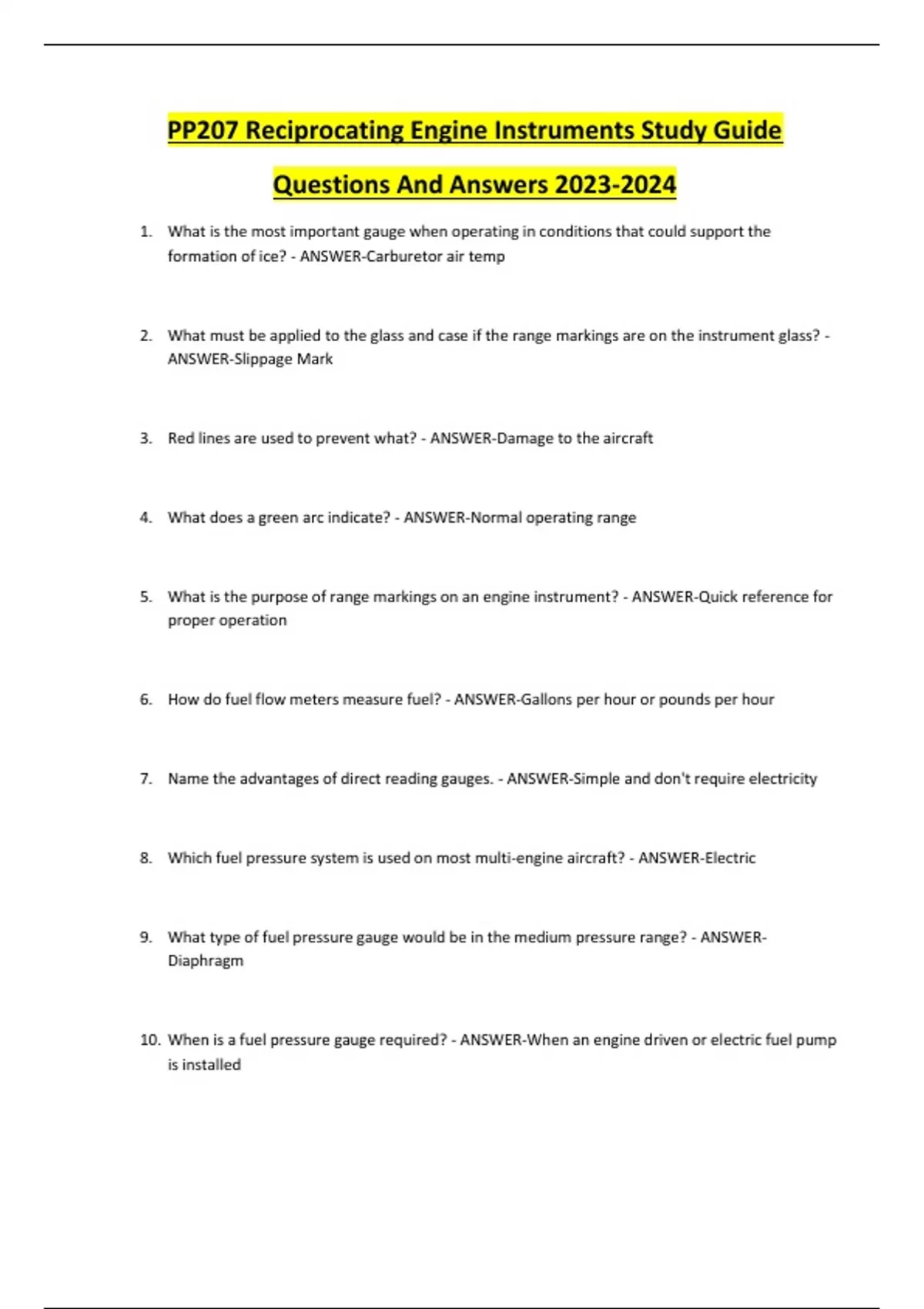 PP207 Reciprocating Engine Instruments Study Guide Questions And