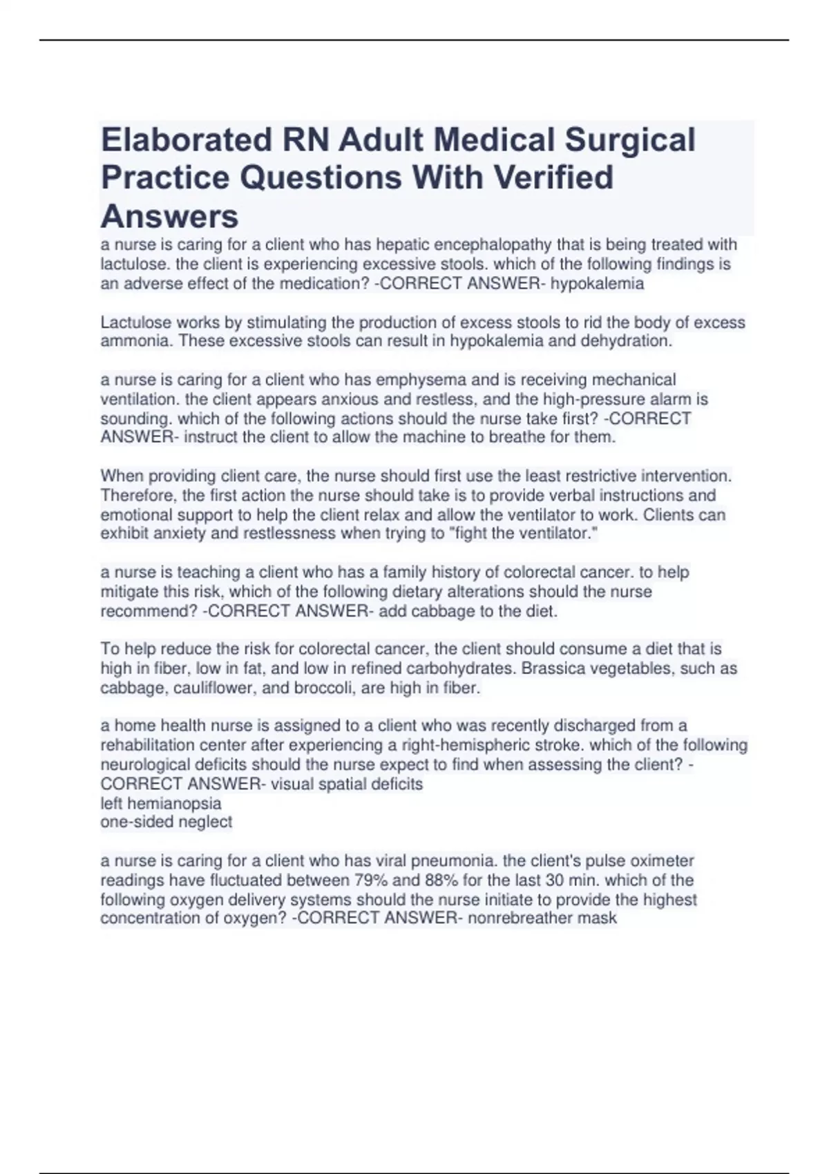 Elaborated RN Adult Medical Surgical Practice Questions With Verified