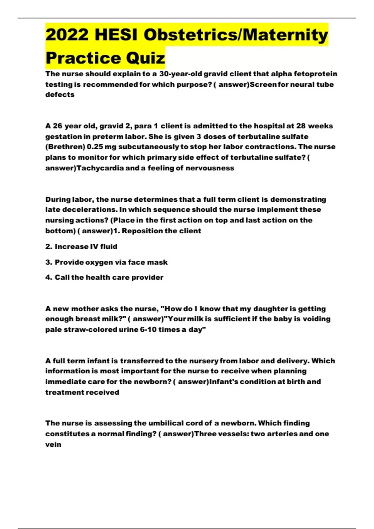 2022 HESI Obstetrics/Maternity Practice Quiz Nursing Pediatrics