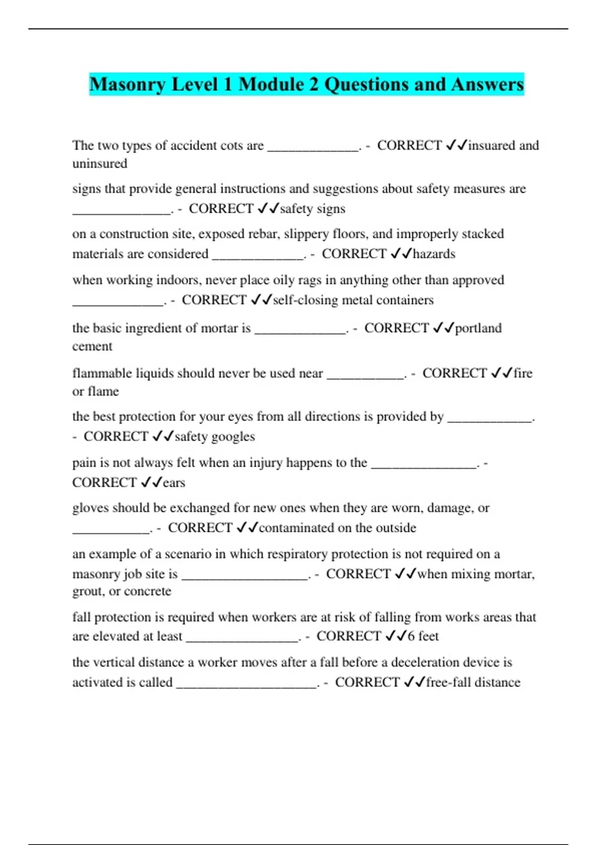 Masonry Level 1 Module 2 Questions and Answers Masonry Stuvia US
