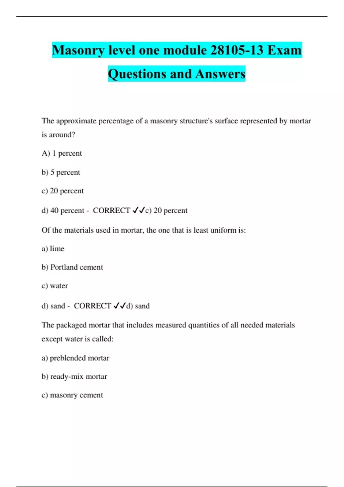Masonry level one module 2810513 Exam Questions and Answers Masonry Stuvia US