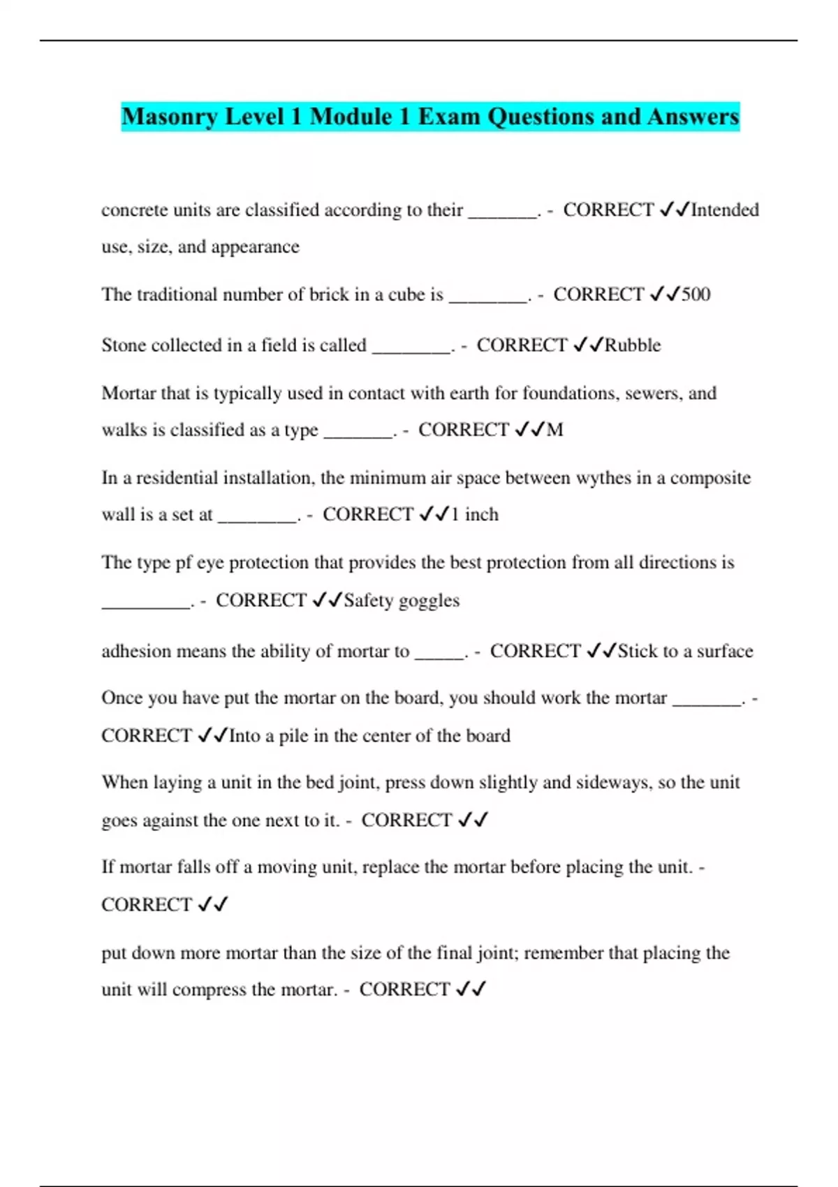 Masonry Level 1 Module 1 Exam Questions and Answers Masonry Stuvia US