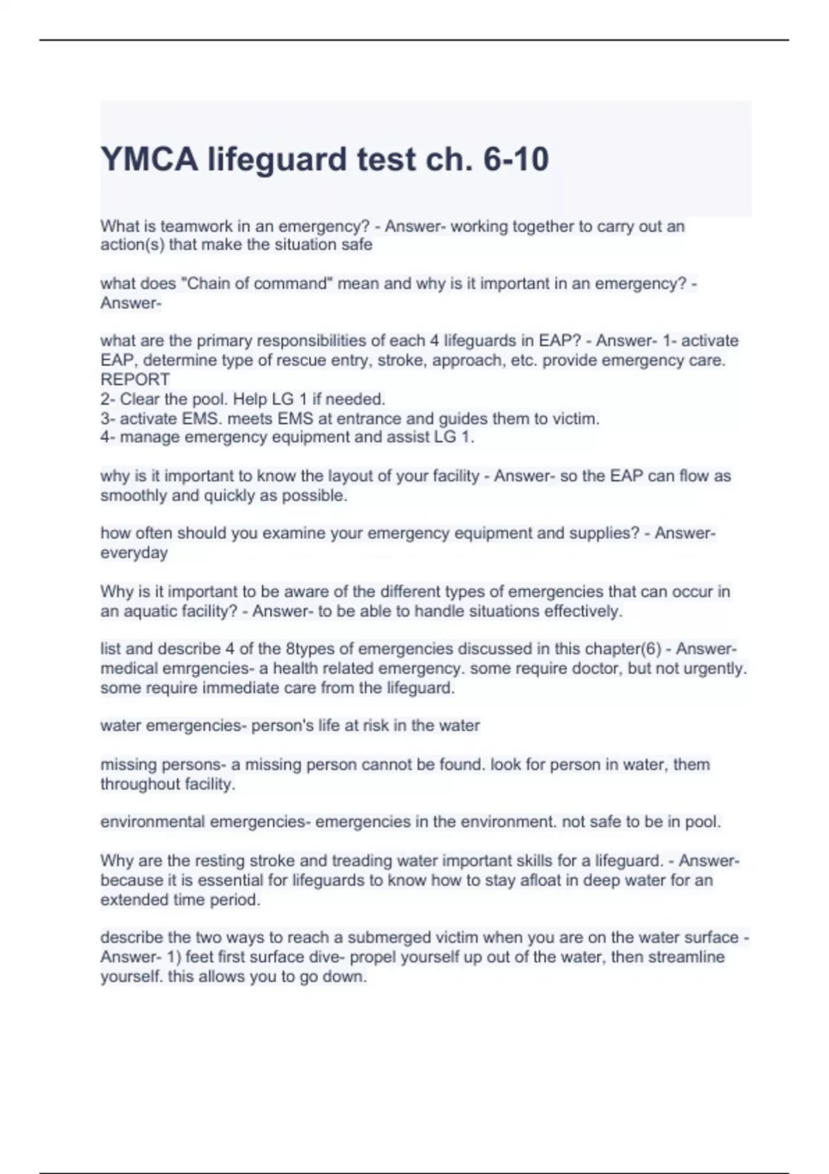 YMCA lifeguard test ch. 610 questions with correct answers YMCA